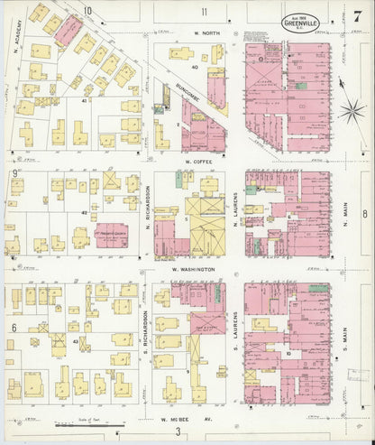 Sanborn Fire Insurance Map from Greenville, Greenville County, South Carolina (1908), Sheet #0007 - Complete Map Set gallery image, historic Sanborn map, vintage wall art, South Carolina South Carolina
