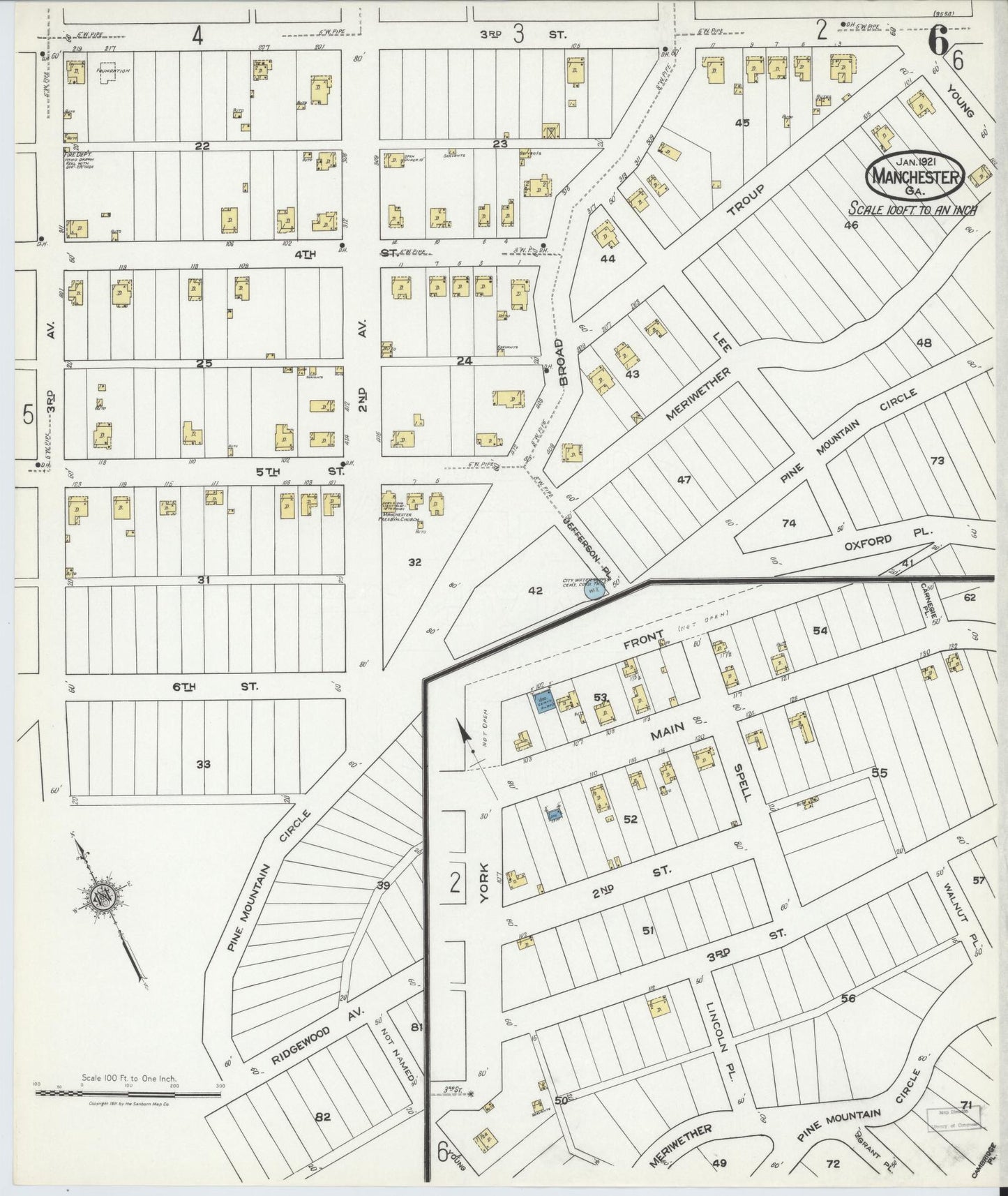 Sanborn Fire Insurance Map from Manchester, Meriweather County, Georgia (1921), Sheet #0006 - Complete Map Set gallery image, historic Sanborn map, vintage wall art, Georgia Georgia