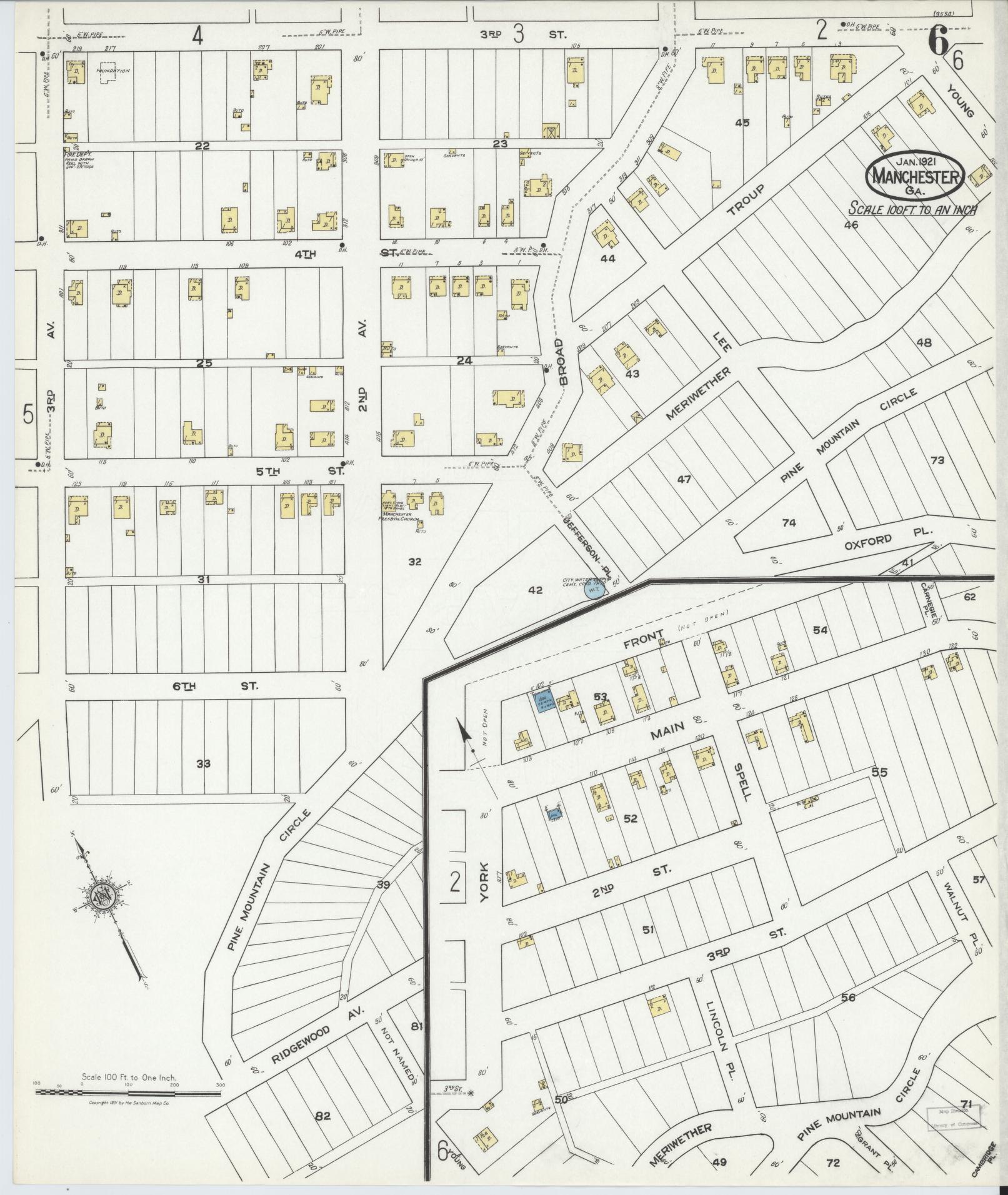 Sanborn Fire Insurance Map from Manchester, Meriweather County, Georgia (1921), Sheet #0006 - Complete Map Set gallery image, historic Sanborn map, vintage wall art, Georgia Georgia