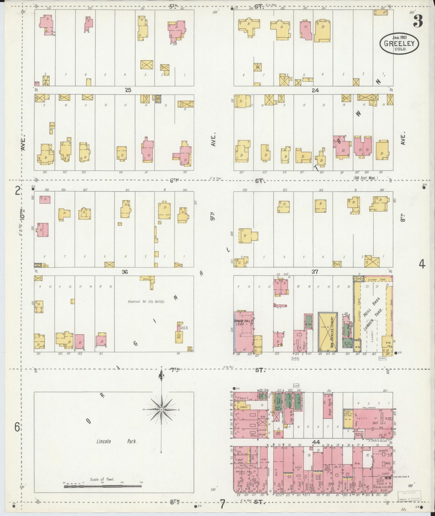 Sanborn Fire Insurance Map from Greeley, Weld County, Colorado (1901), Sheet #0003 - Historic Sanborn Fire Insurance Map Print, vintage old map wall art, antique decor, genealogy gift, Colorado Colorado map