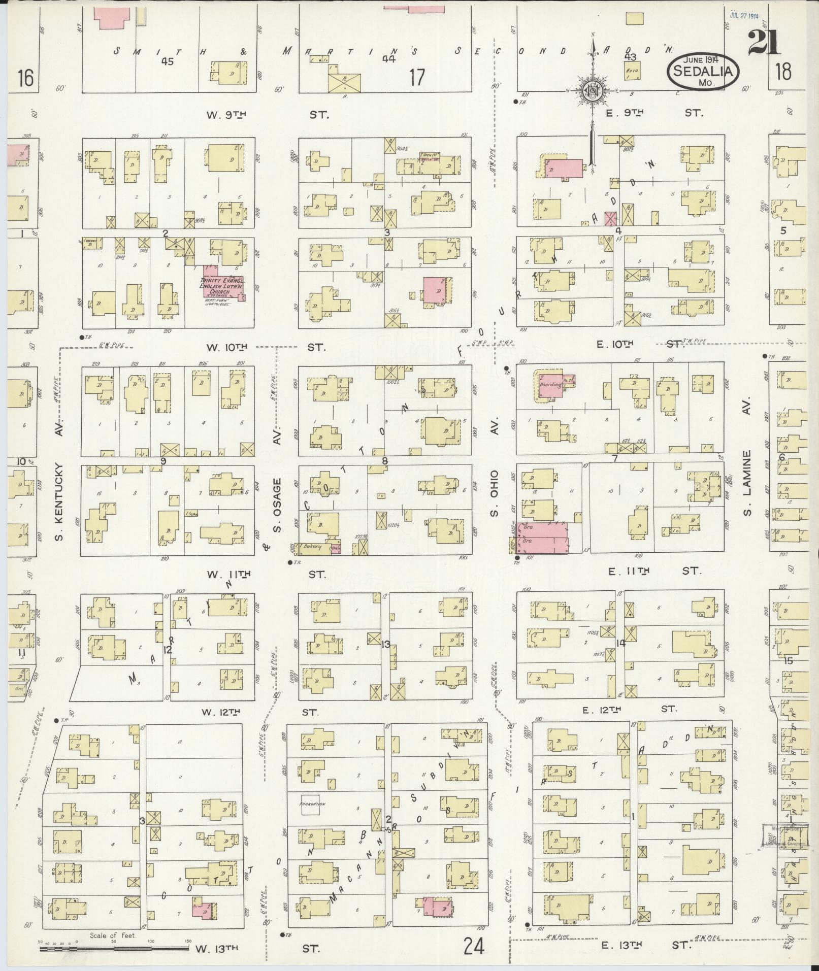 Sanborn Fire Insurance Map from Sedalia, Pettis County, Missouri (1914), Sheet #0021 - Historic Sanborn Fire Insurance Map Print, vintage old map wall art, antique decor, genealogy gift, Missouri Missouri map