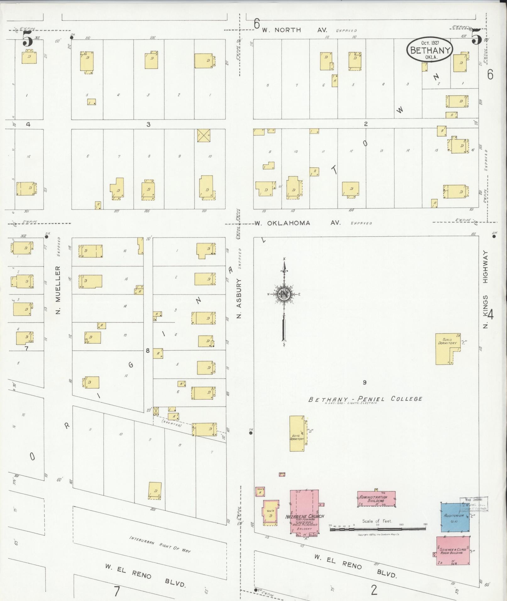 Sanborn Fire Insurance Map from Bethany, Oklahoma County, Oklahoma (1927), Sheet #0005 - Historic Sanborn Fire Insurance Map Print, vintage old map wall art, antique decor, genealogy gift, Bethany Oklahoma map