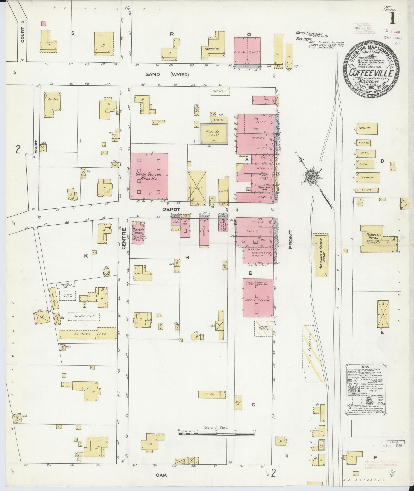 Sanborn Fire Insurance Map from Coffeeville, Yolabusha County, Mississippi (1910), Sheet #0001 - Historic Sanborn Fire Insurance Map Print, vintage old map wall art, antique decor, genealogy gift, Mississippi Mississippi map
