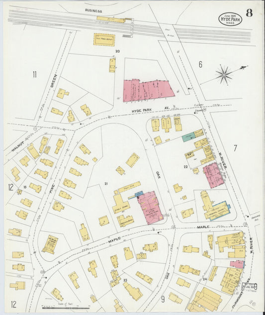 Sanborn Fire Insurance Map from Hyde Park, Norfolk County, Massachusetts (1905), Sheet #0008 - Historic Sanborn Fire Insurance Map Print, vintage old map wall art, antique decor, genealogy gift, Massachusetts Massachusetts map