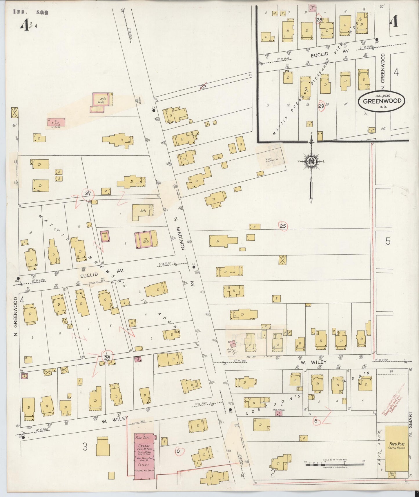 Sanborn Fire Insurance Map from Greenwood, Johnson County, Indiana (1940), Sheet #0004 - Complete Map Set gallery image, historic Sanborn map, vintage wall art, Indiana Indiana