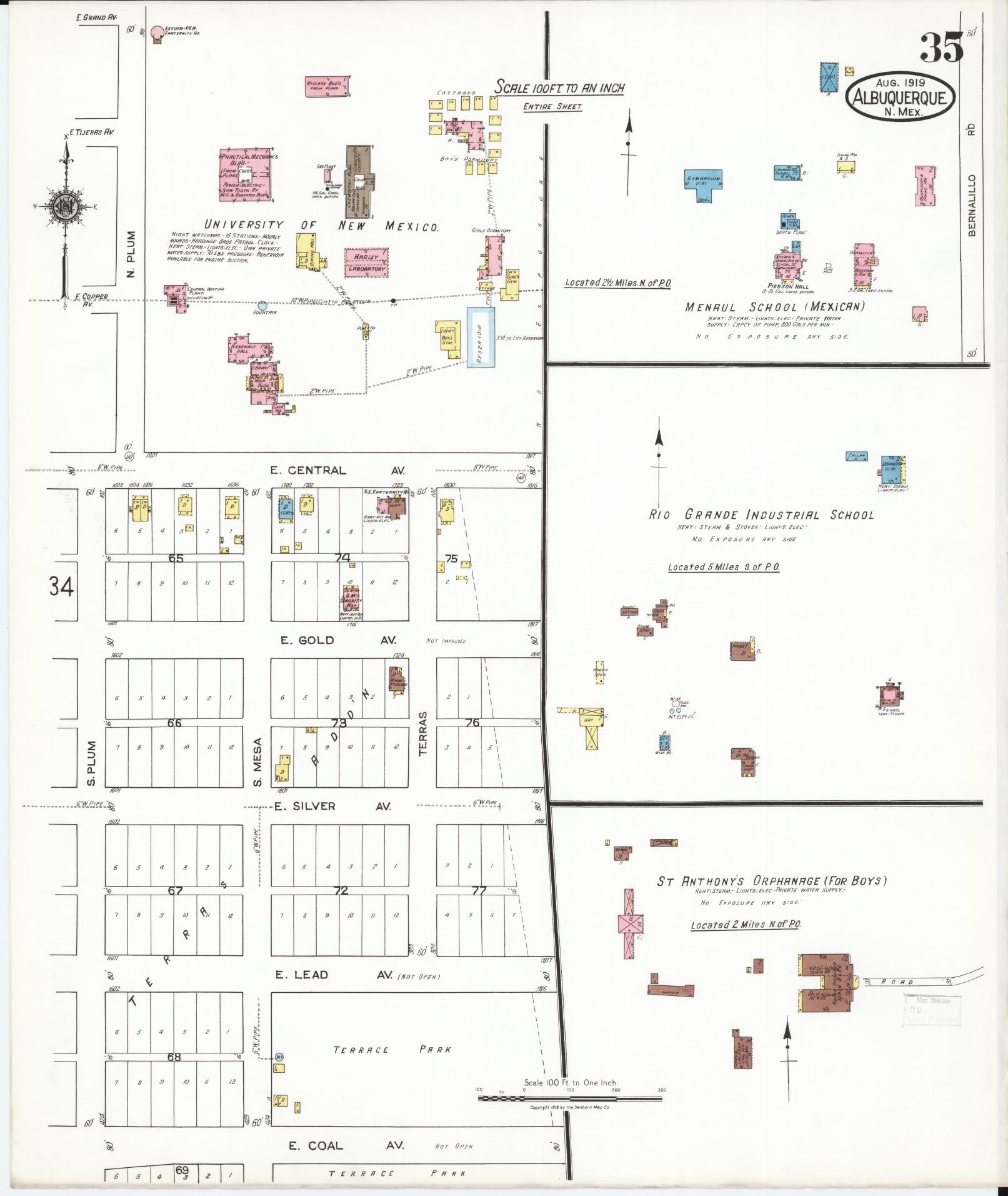 Sanborn Fire Insurance Map from Albuquerque, Bernalillo County, New Mexico (1919), Sheet #0035 - Historic Sanborn Fire Insurance Map Print, vintage old map wall art, antique decor, genealogy gift, New Mexico New Mexico map