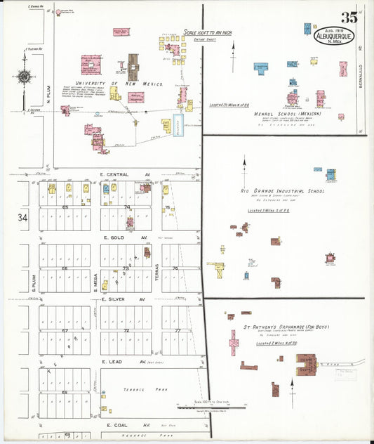 Sanborn Fire Insurance Map from Albuquerque, Bernalillo County, New Mexico (1919), Sheet #0035 - Historic Sanborn Fire Insurance Map Print, vintage old map wall art, antique decor, genealogy gift, New Mexico New Mexico map