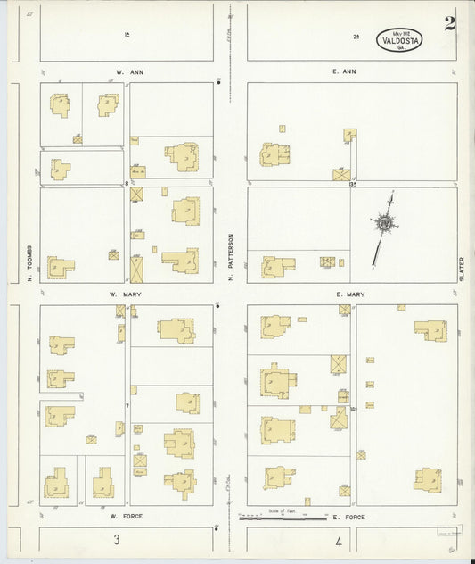 Sanborn Fire Insurance Map from Valdosta, Lowndes County, Georgia (1912), Sheet #0002 - Historic Sanborn Fire Insurance Map Print, vintage old map wall art, antique decor, genealogy gift, Georgia Georgia map
