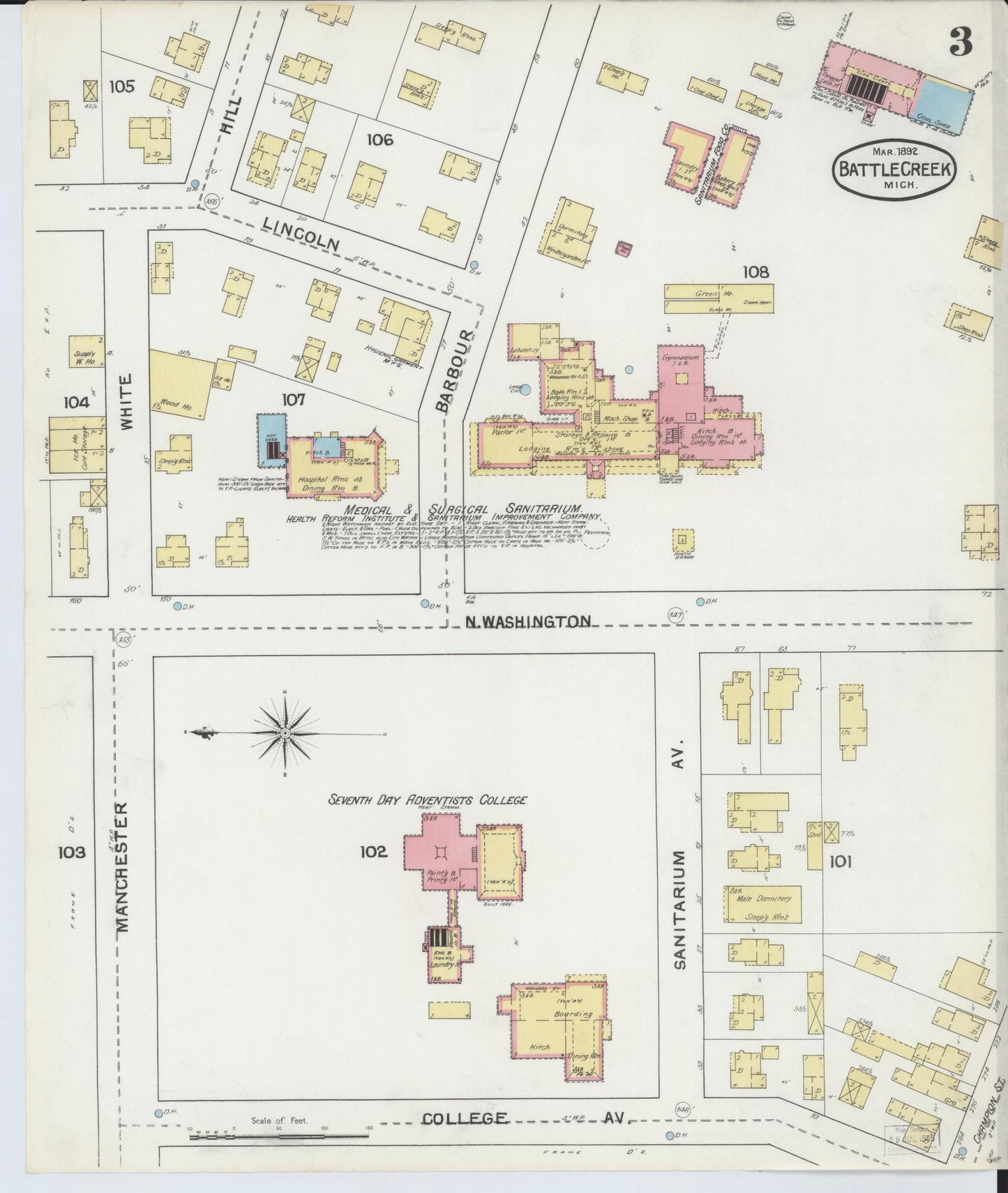 Sanborn Fire Insurance Map from Battle Creek, Calhoun County, Michigan (1892), Sheet #0003 - Complete Map Set gallery image, historic Sanborn map, vintage wall art, Michigan Michigan