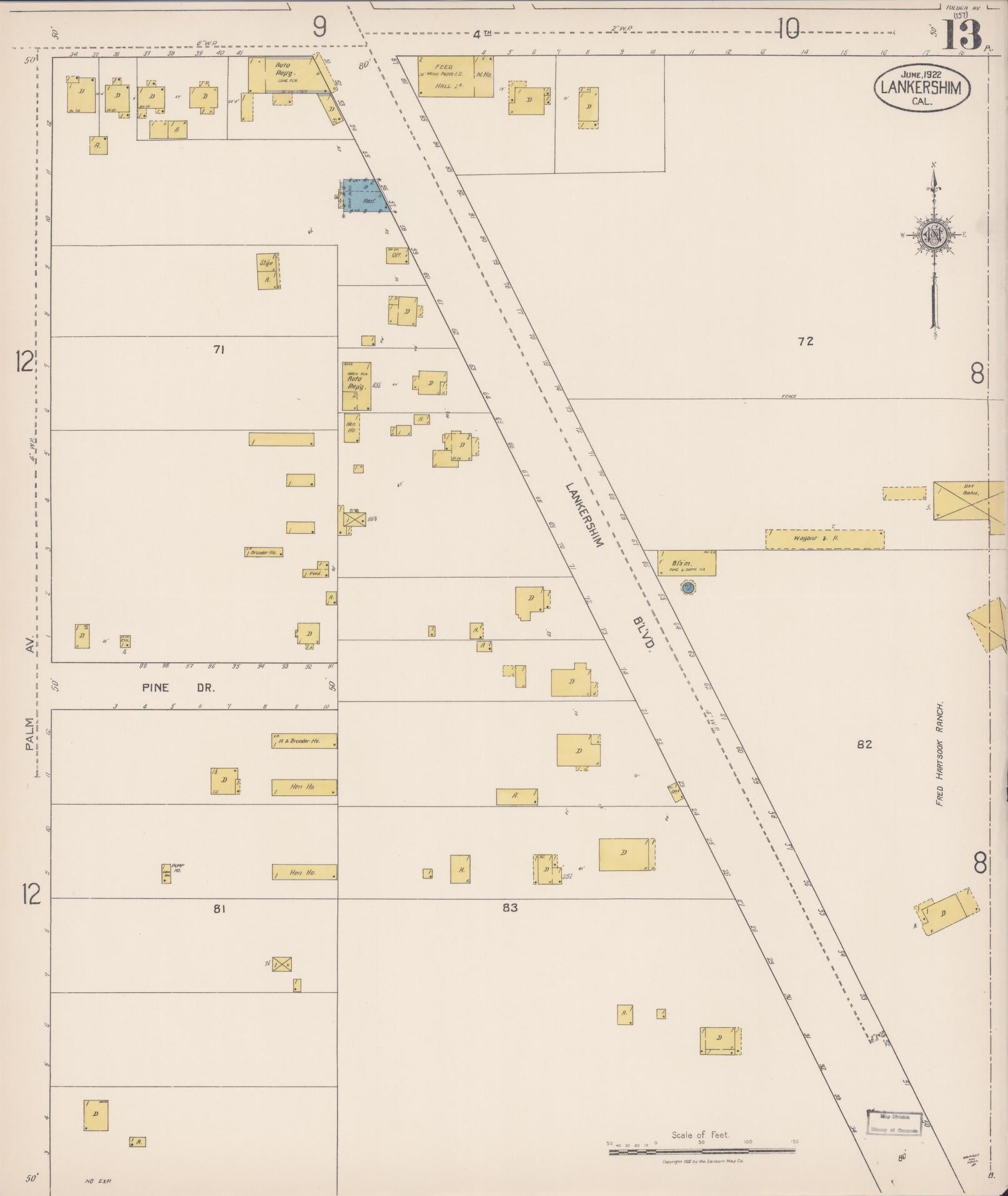 Sanborn Fire Insurance Map from Lankershim, Los Angeles County, California (1922), Sheet #0013 - Historic Sanborn Fire Insurance Map Print, vintage old map wall art, antique decor, genealogy gift, California California map