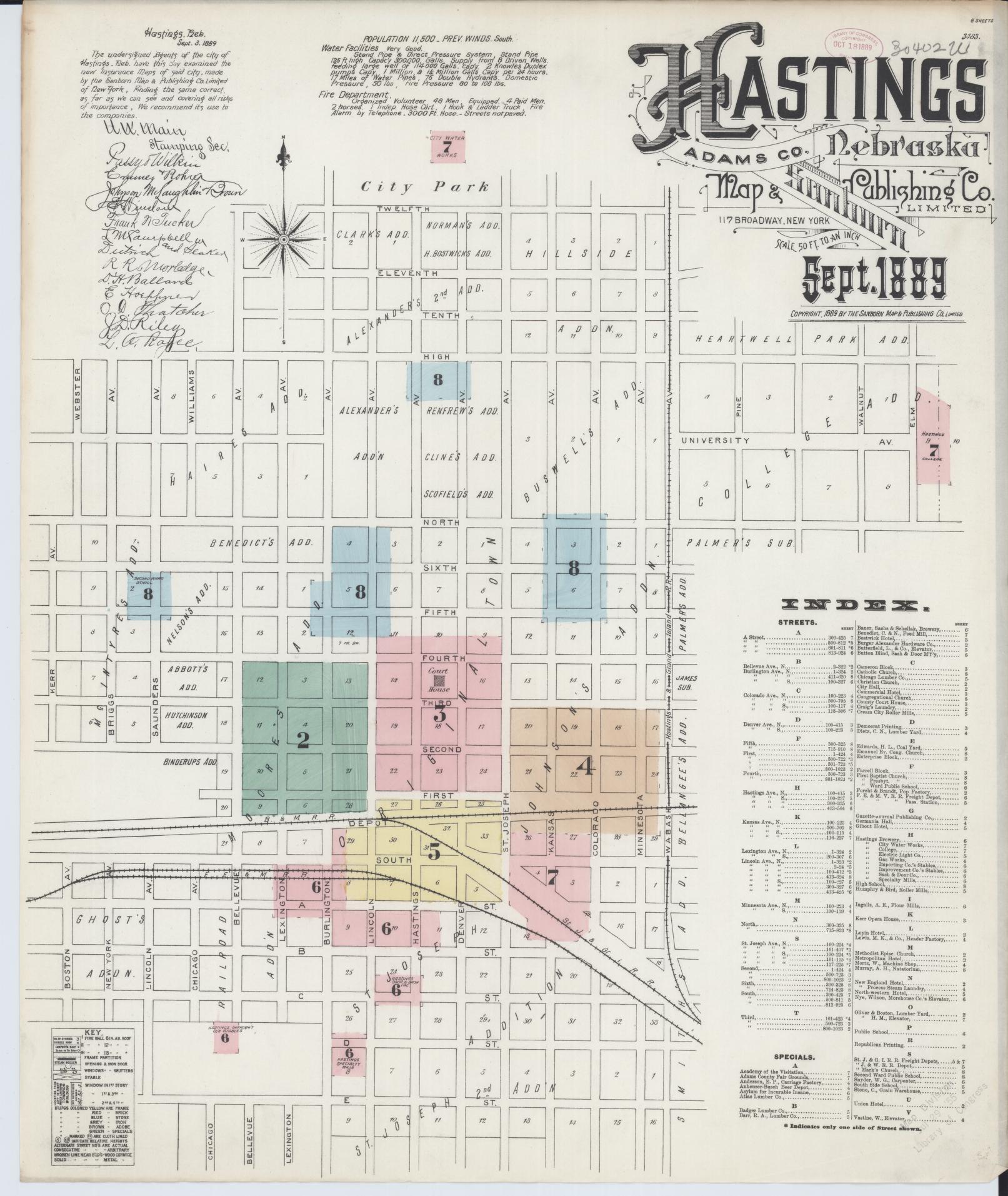 Sanborn Fire Insurance Map from Hastings, Adams County, Nebraska (1889), Sheet #0001 - Historic Sanborn Fire Insurance Map Print, vintage old map wall art, antique decor, genealogy gift, Nebraska Nebraska map