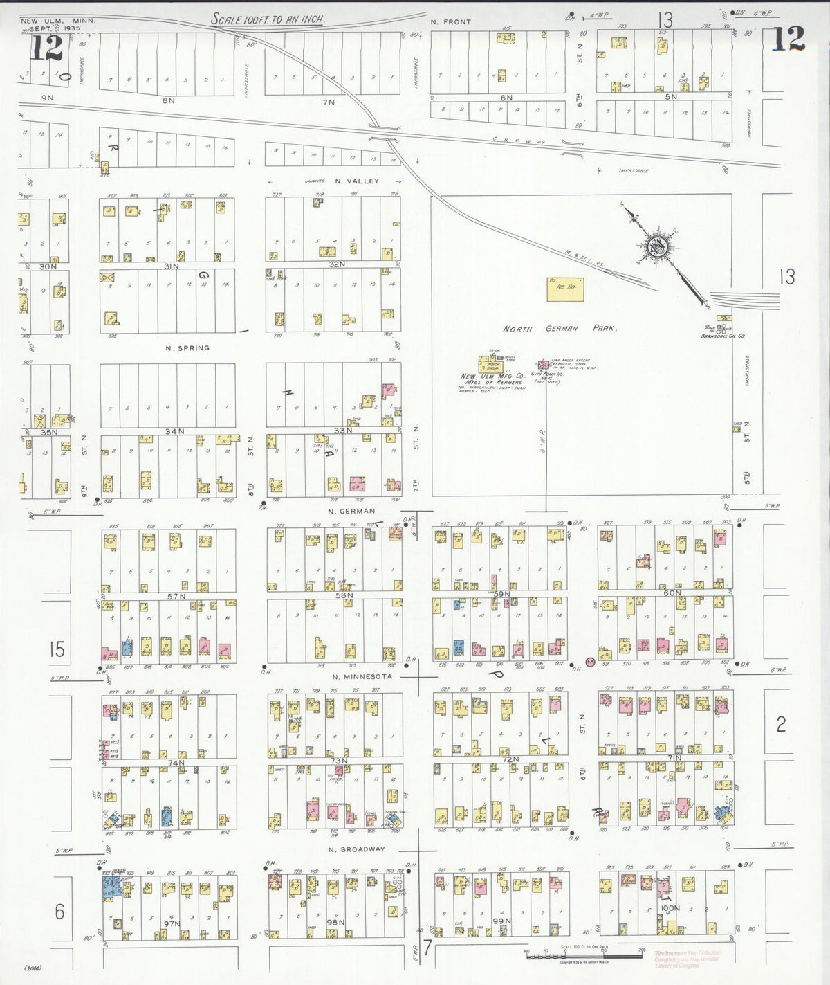 Sanborn Fire Insurance Map from New Ulm, Brown County, Minnesota (1935), Sheet #0012 - Historic Sanborn Fire Insurance Map Print, vintage old map wall art, antique decor, genealogy gift, Minnesota Minnesota map