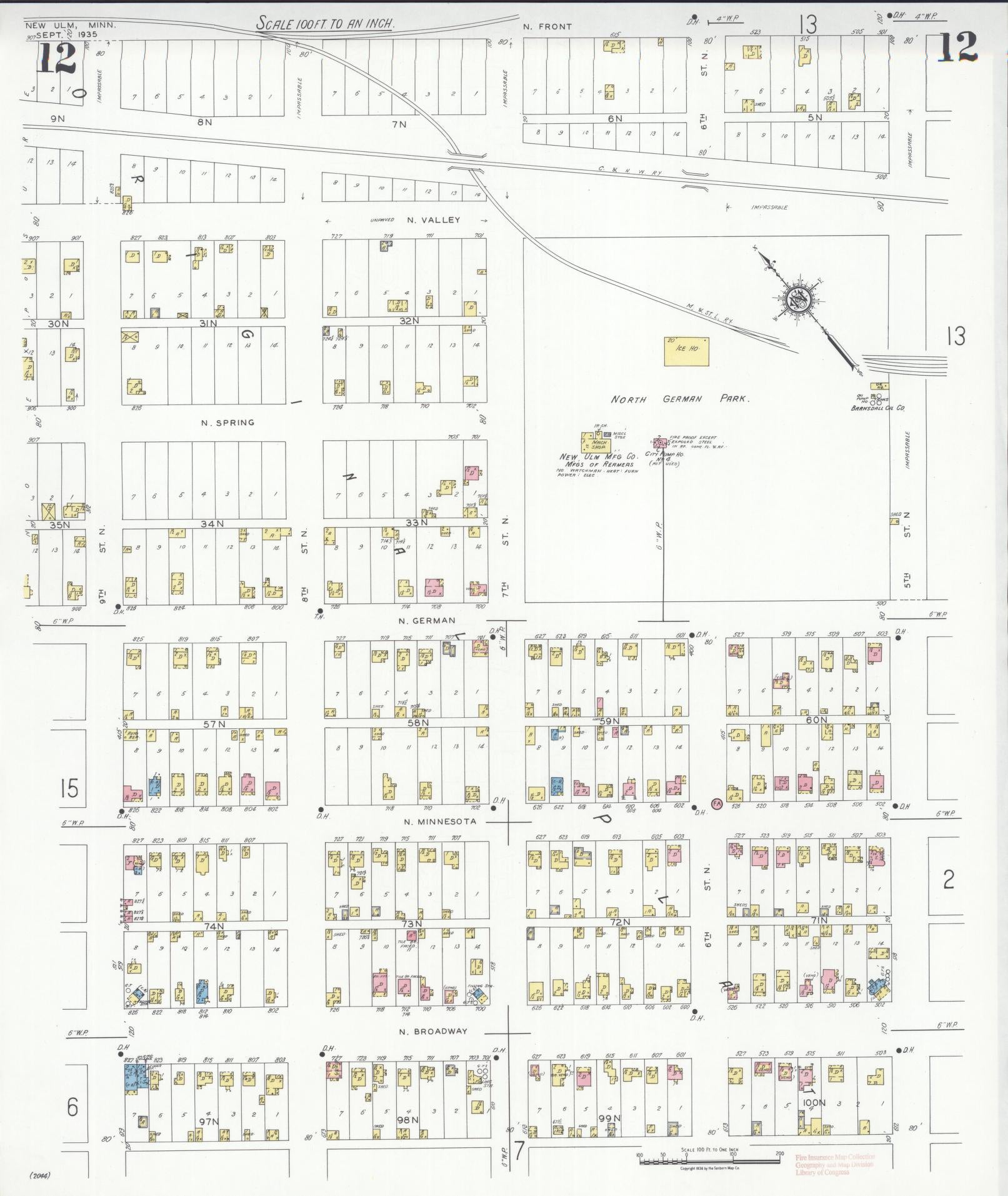 Sanborn Fire Insurance Map from New Ulm, Brown County, Minnesota (1935), Sheet #0012 - Historic Sanborn Fire Insurance Map Print, vintage old map wall art, antique decor, genealogy gift, Minnesota Minnesota map