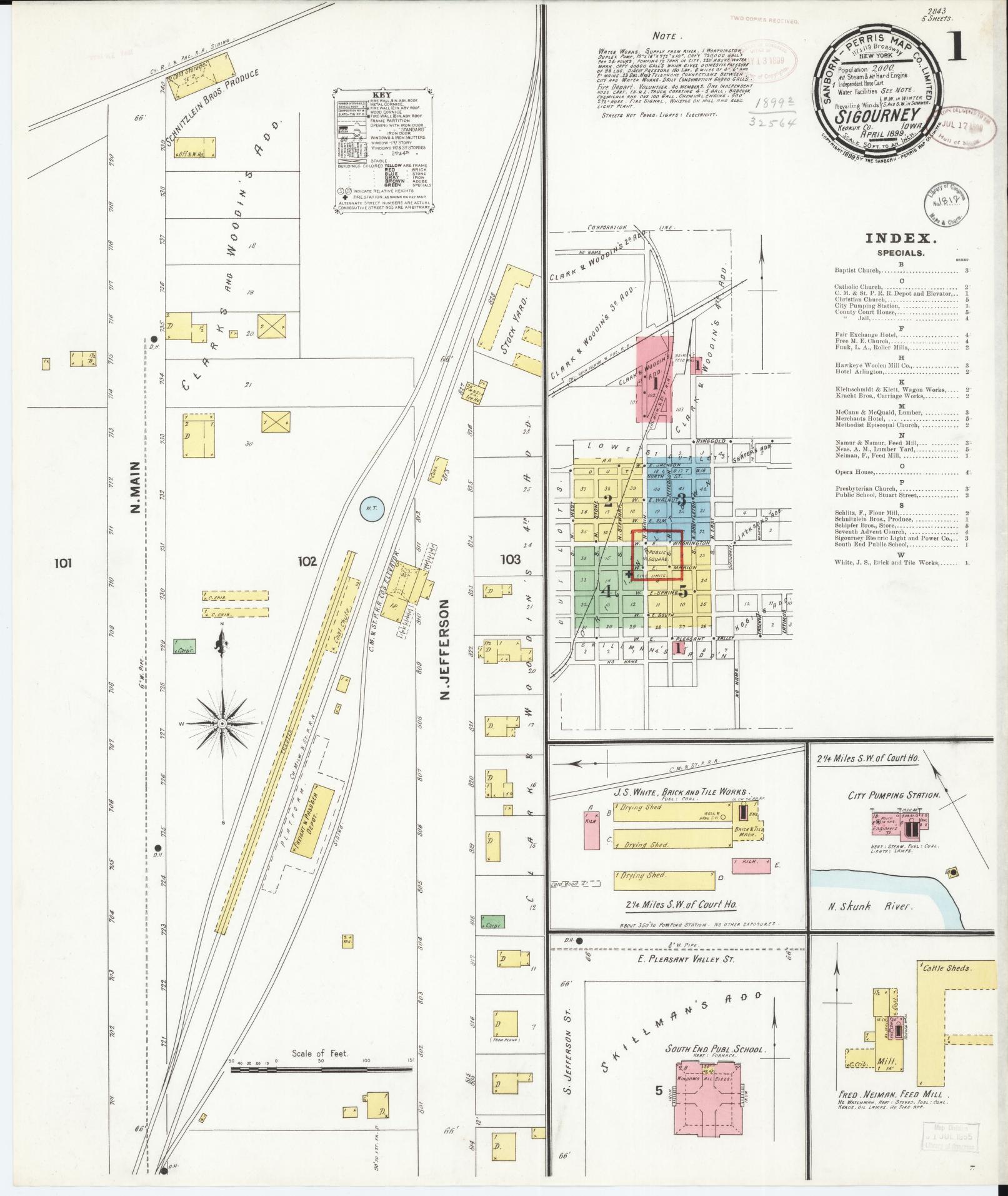 Sanborn Fire Insurance Map from Sigourney, Kiokuk County, Iowa (1899), Sheet #0001 - Historic Sanborn Fire Insurance Map Print, vintage old map wall art