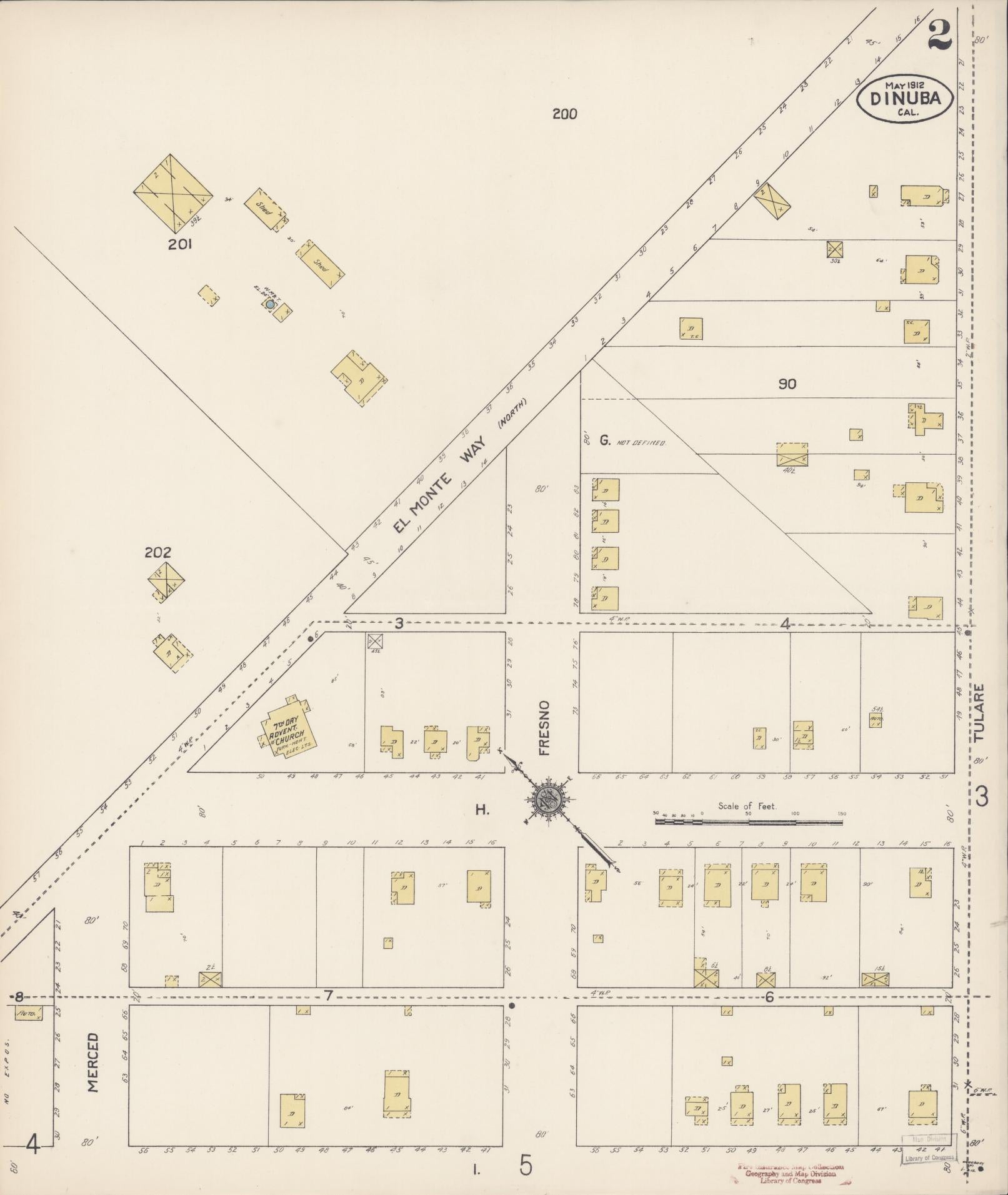 Sanborn Fire Insurance Map from Dinuba, Tulare County, California (1912), Sheet #0002 - Complete Map Set gallery image, historic Sanborn map, vintage wall art, California California
