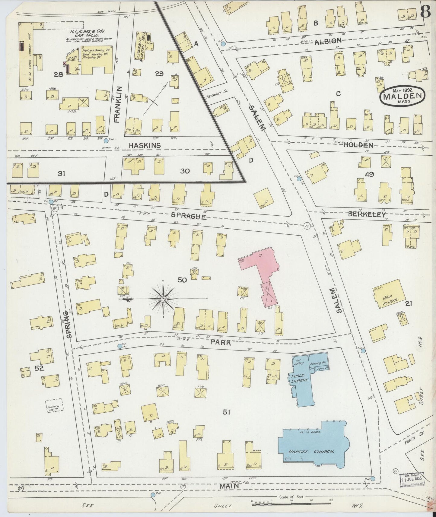 Sanborn Fire Insurance Map from Malden, Middlesex County, Massachusetts (1892), Sheet #0008 - Historic Sanborn Fire Insurance Map Print, vintage old map wall art, antique decor, genealogy gift, Massachusetts Massachusetts map