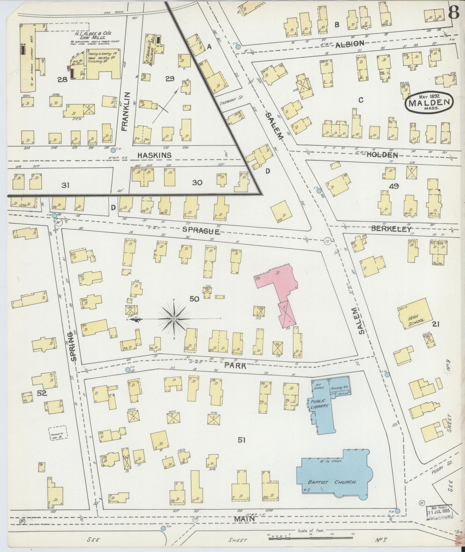 Sanborn Fire Insurance Map from Malden, Middlesex County, Massachusetts (1892), Sheet #0008 - Historic Sanborn Fire Insurance Map Print, vintage old map wall art, antique decor, genealogy gift, Massachusetts Massachusetts map
