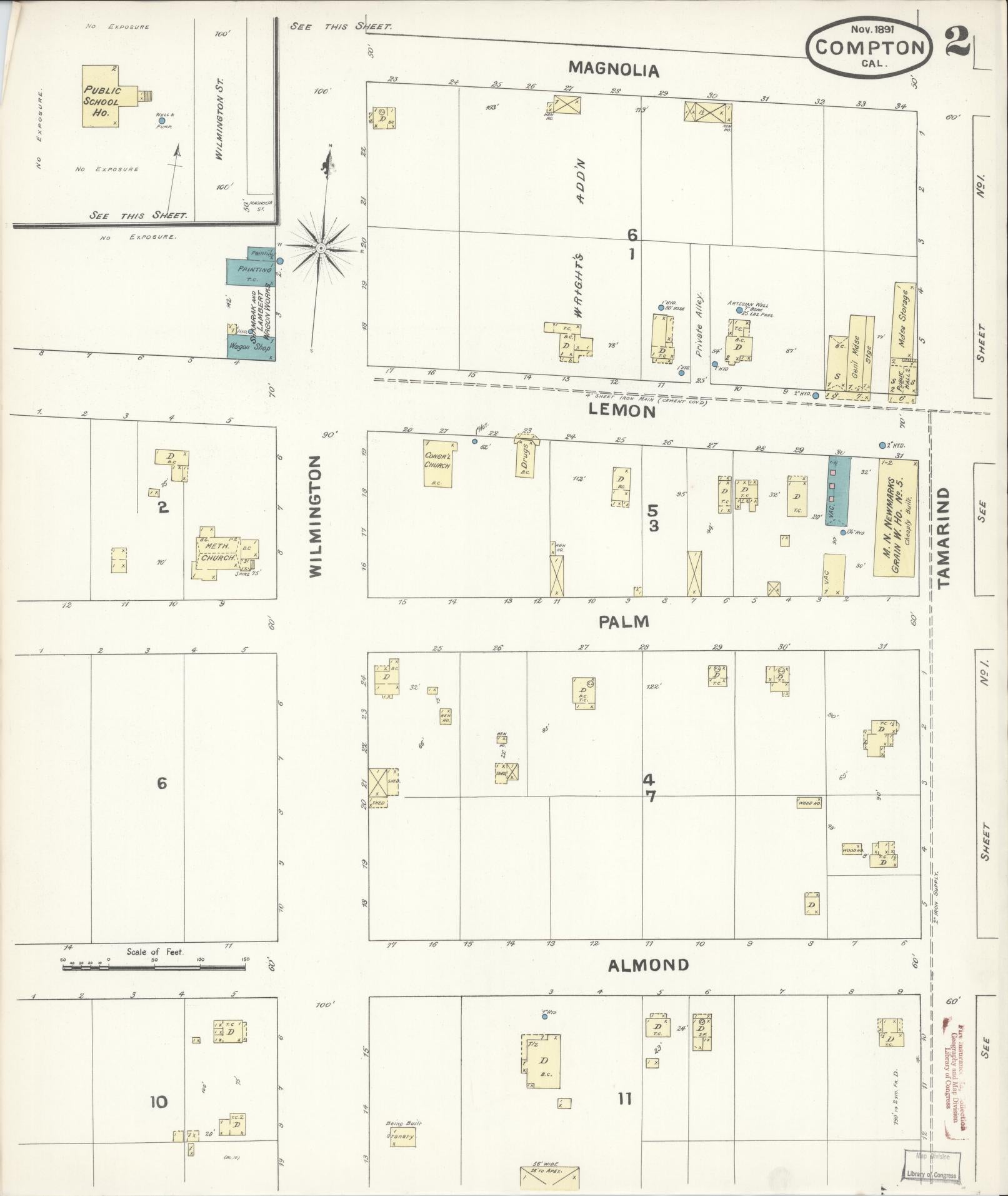 Sanborn Fire Insurance Map from Compton, Los Angeles County, California (1891), Sheet #0002 - Complete Map Set gallery image, historic Sanborn map, vintage wall art, California California