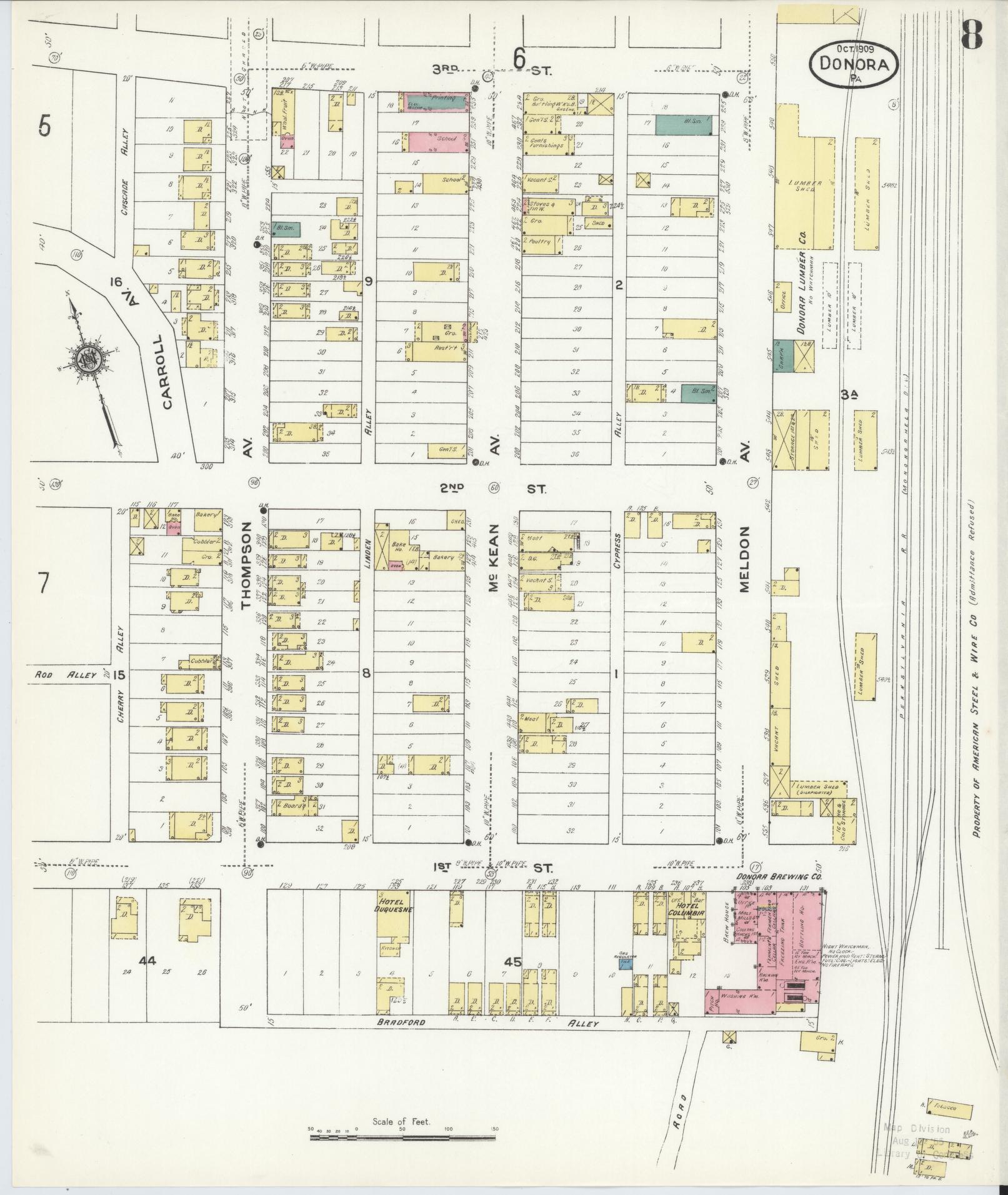 Sanborn Fire Insurance Map from Donora, Washington County, Pennsylvania (1909), Sheet #0008 - Historic Sanborn Fire Insurance Map Print, vintage old map wall art, antique decor, genealogy gift, Pennsylvania Pennsylvania map