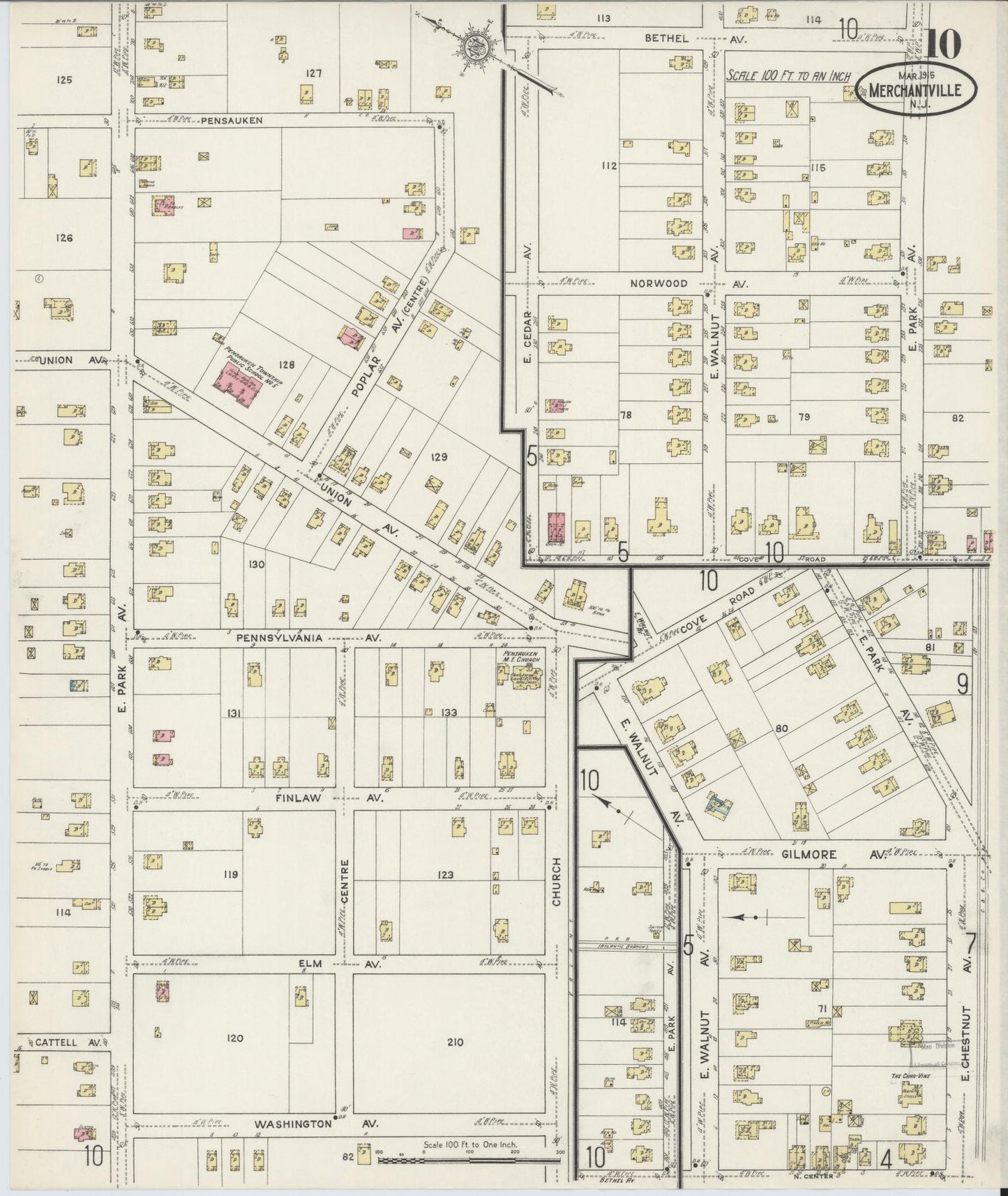 Sanborn Fire Insurance Map from Merchantville, Camden County, New Jersey (1915), Sheet #0010 - Historic Sanborn Fire Insurance Map Print, vintage old map wall art, antique decor, genealogy gift, New Jersey New Jersey map