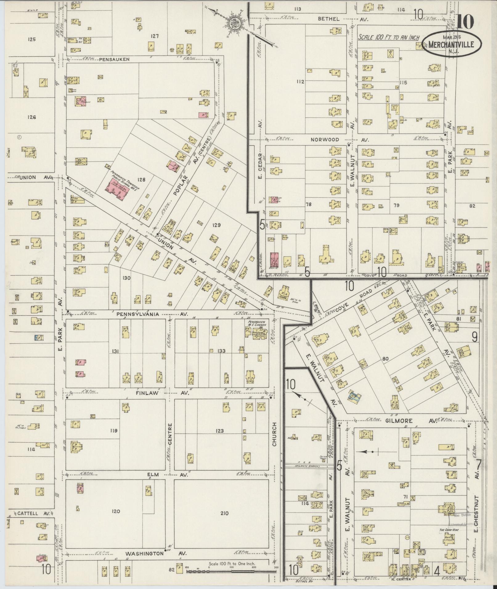 Sanborn Fire Insurance Map from Merchantville, Camden County, New Jersey (1915), Sheet #0010 - Historic Sanborn Fire Insurance Map Print, vintage old map wall art, antique decor, genealogy gift, New Jersey New Jersey map