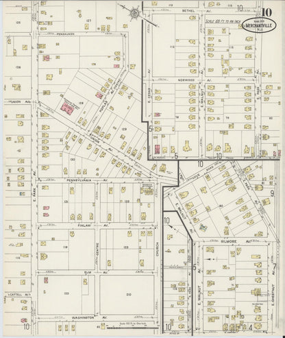 Sanborn Fire Insurance Map from Merchantville, Camden County, New Jersey (1915), Sheet #0010 - Historic Sanborn Fire Insurance Map Print, vintage old map wall art, antique decor, genealogy gift, New Jersey New Jersey map