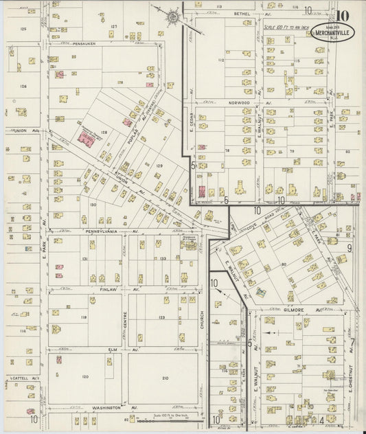 Sanborn Fire Insurance Map from Merchantville, Camden County, New Jersey (1915), Sheet #0010 - Historic Sanborn Fire Insurance Map Print, vintage old map wall art, antique decor, genealogy gift, New Jersey New Jersey map