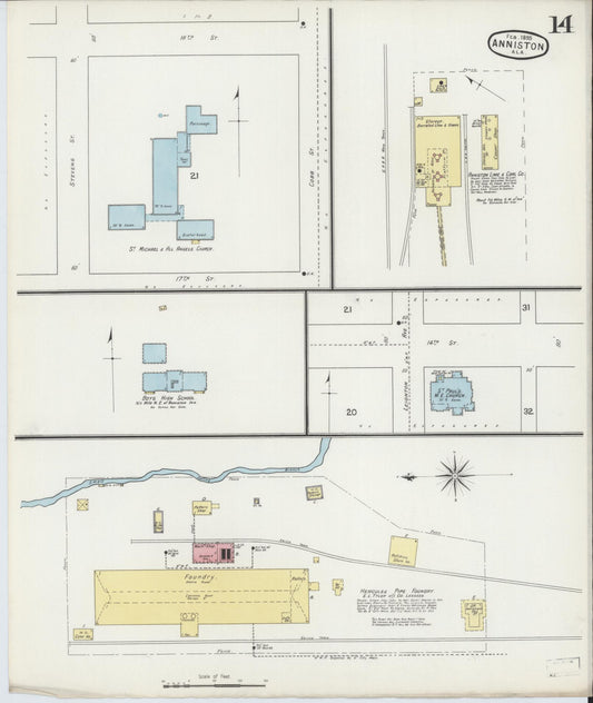 Sanborn Fire Insurance Map from Anniston, Calhoun County, Alabama (1895), Sheet #0014 - Historic Sanborn Fire Insurance Map Print, vintage old map wall art, antique decor, genealogy gift, Alabama Alabama map