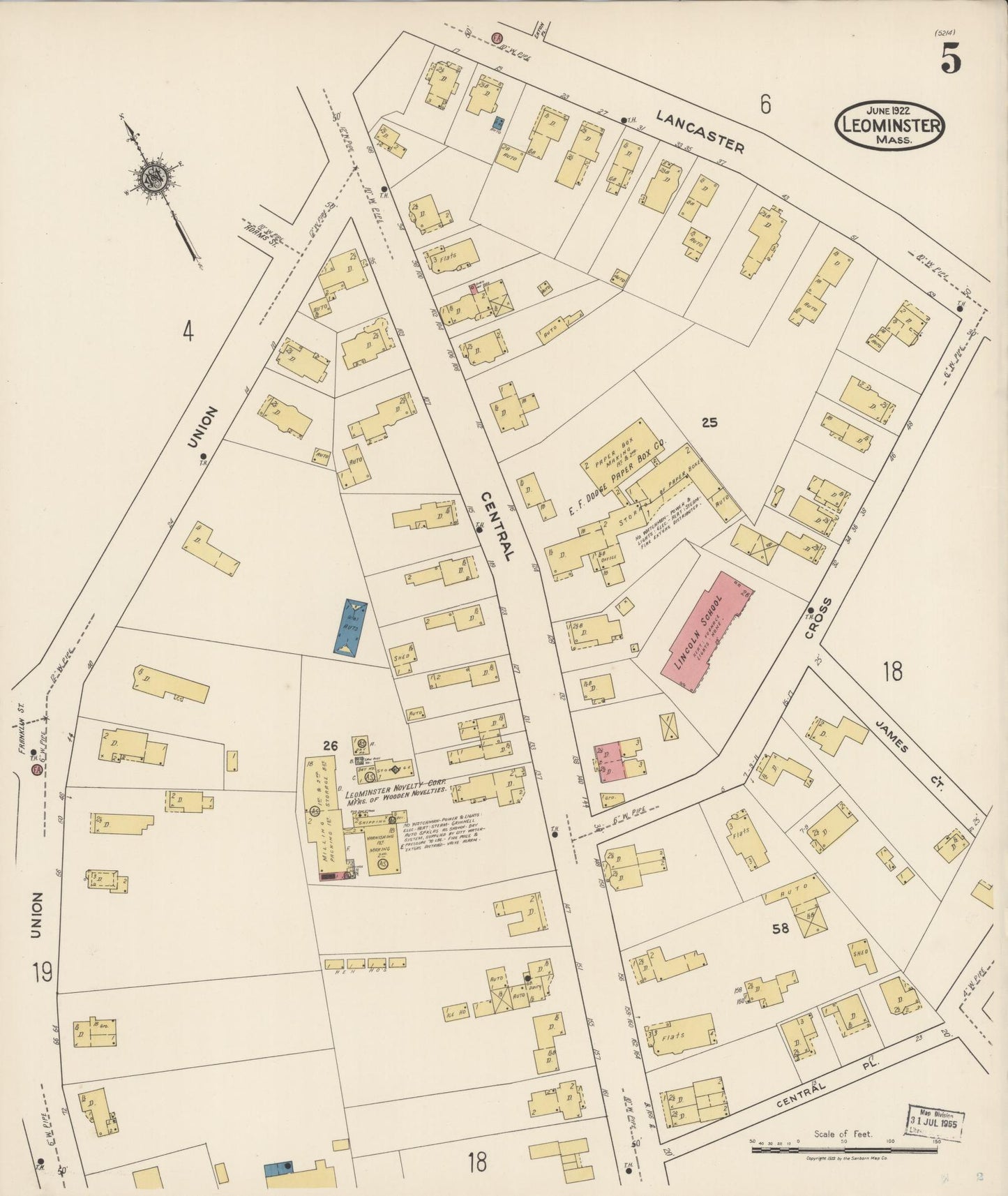 Sanborn Fire Insurance Map from Leominster, Worcester County, Massachusetts (1922), Sheet #0005 - Complete Map Set gallery image, historic Sanborn map, vintage wall art, Massachusetts Massachusetts
