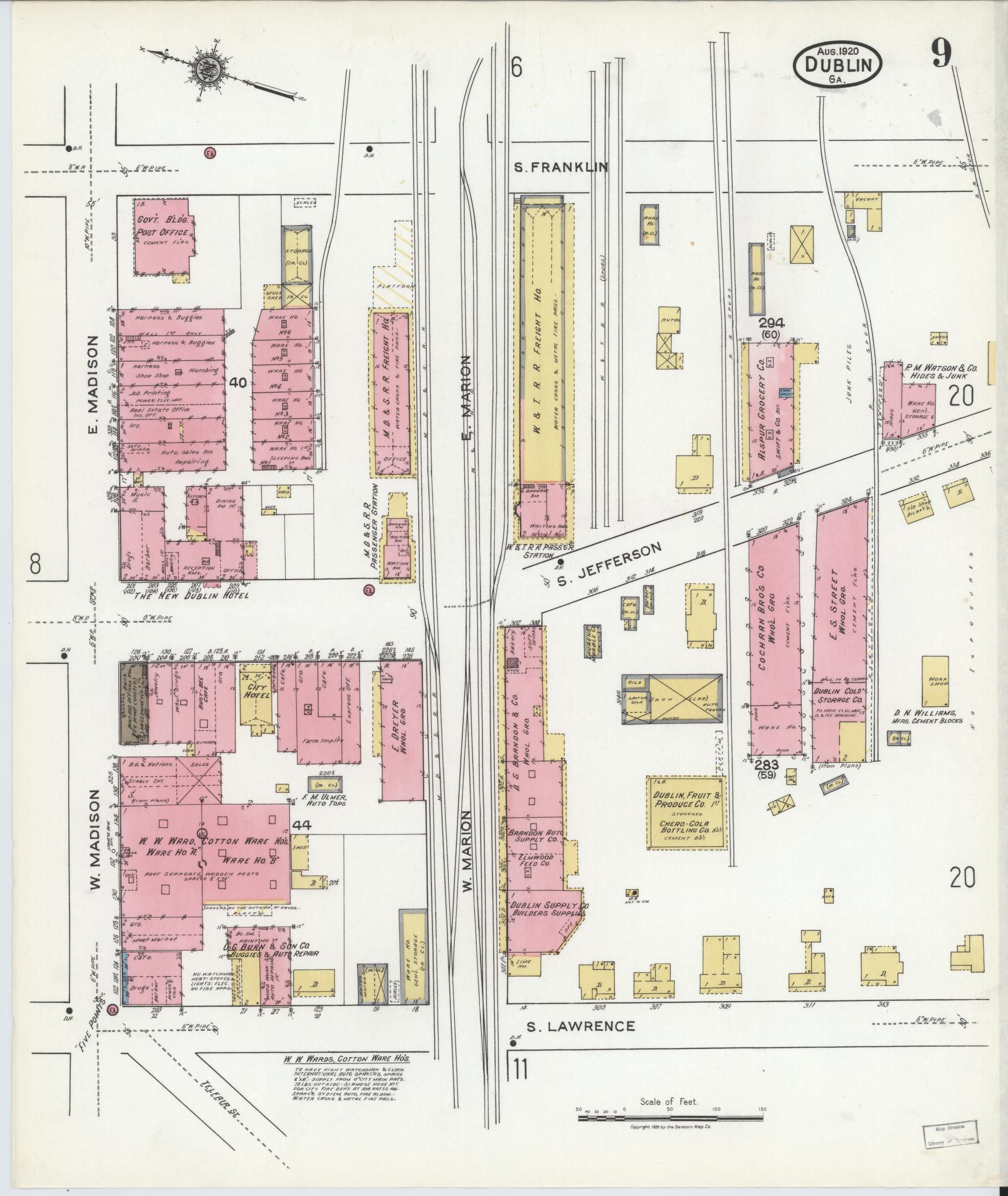 Sanborn Fire Insurance Map from Dublin, Laurens County, Georgia (1920), Sheet #0009 - Complete Map Set gallery image, historic Sanborn map, vintage wall art, Georgia Georgia