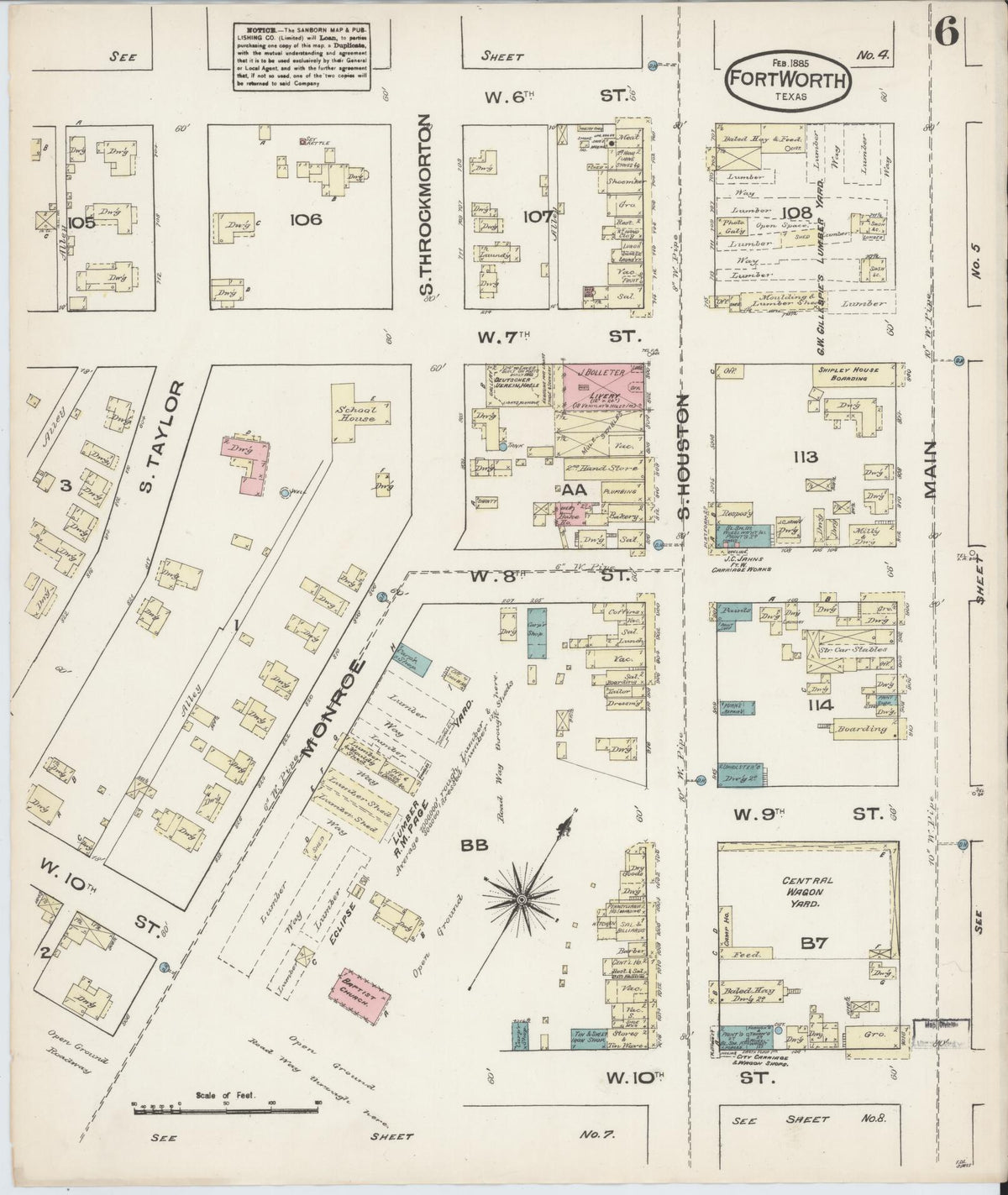 Sanborn Fire Insurance Map from Fort Worth, Tarrant County, Texas (1885), Sheet #0006 - Complete Map Set gallery image, historic Sanborn map, vintage wall art, Texas Texas