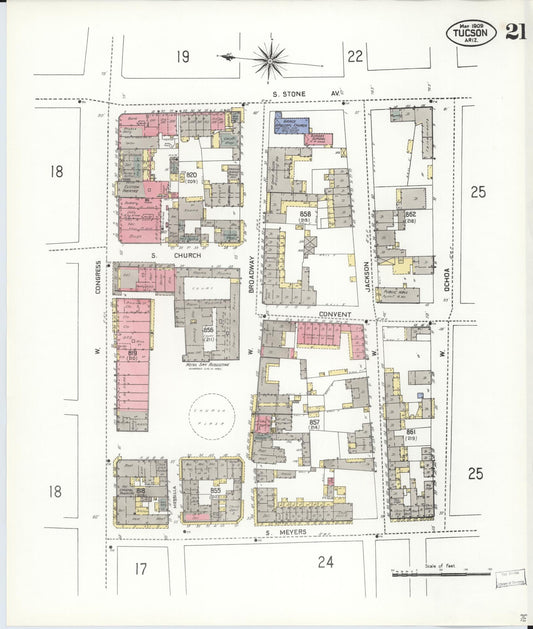 Sanborn Fire Insurance Map from Tucson, Pima County, Arizona (1909), Sheet #0021 - Historic Sanborn Fire Insurance Map Print, vintage old map wall art, antique decor, genealogy gift, Arizona Arizona map