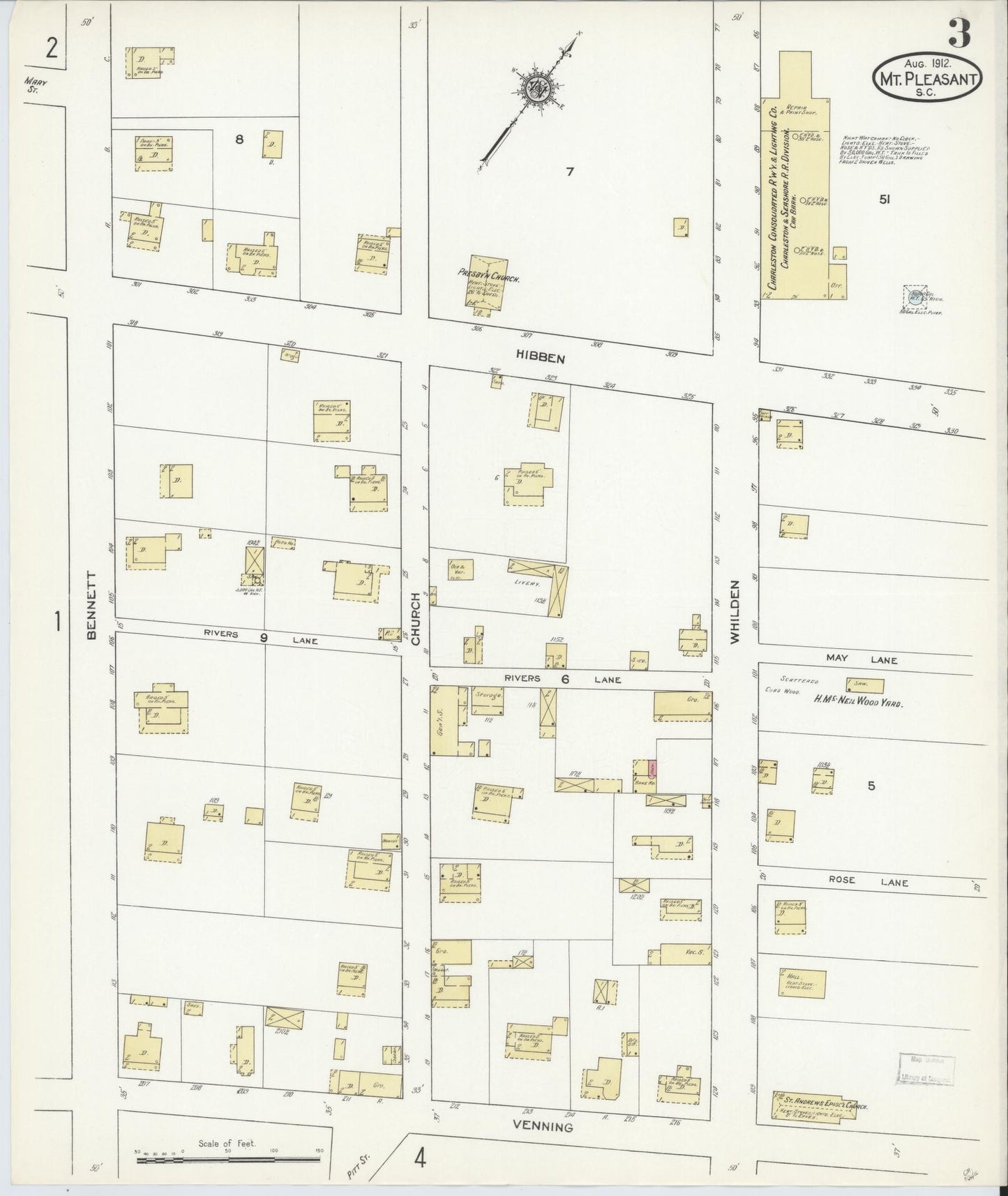 Sanborn Fire Insurance Map from Mount Pleasant, Charleston County, South Carolina (1912), Sheet #0003 - Complete Map Set gallery image, historic Sanborn map, vintage wall art, South Carolina South Carolina