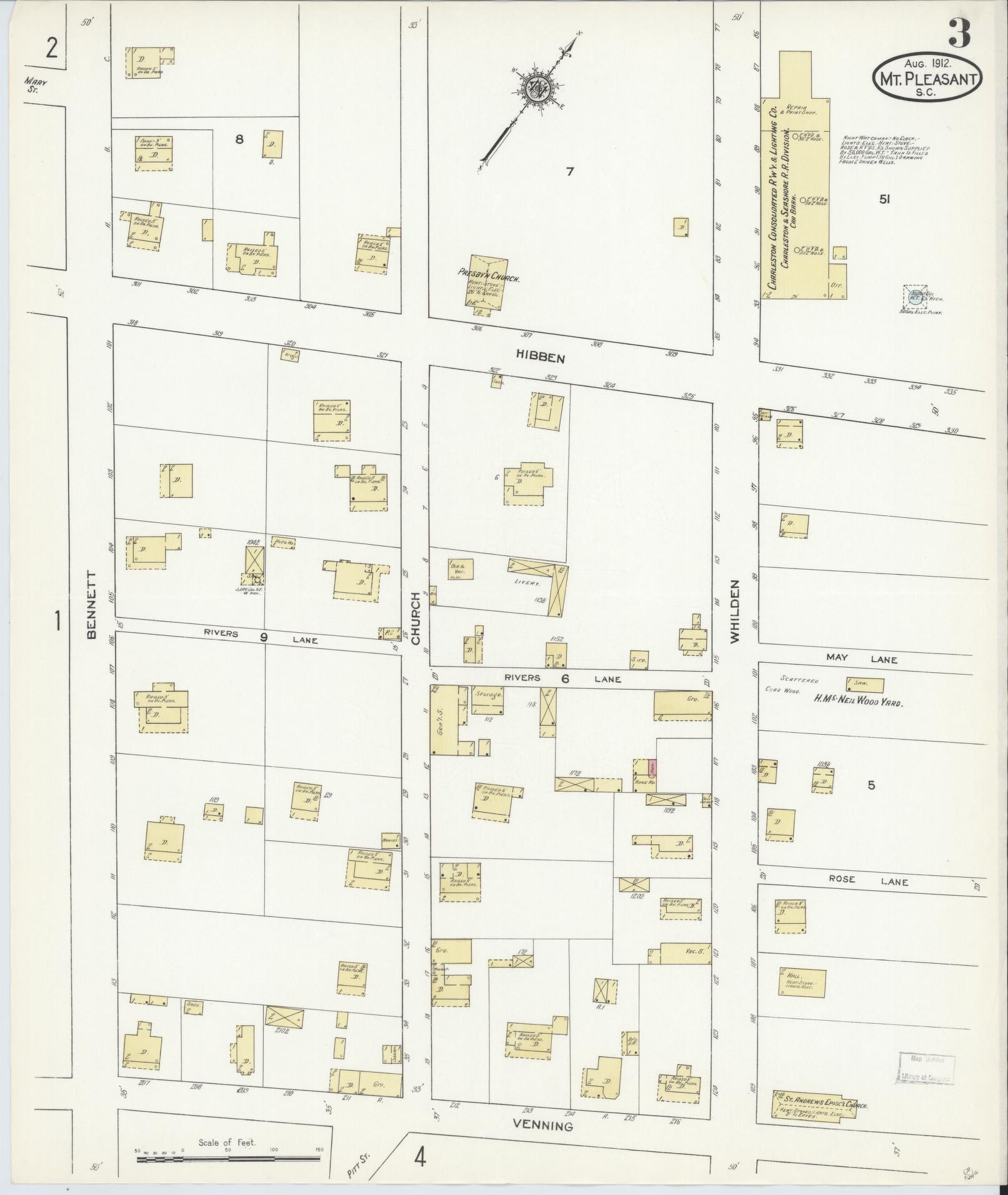 Sanborn Fire Insurance Map from Mount Pleasant, Charleston County, South Carolina (1912), Sheet #0003 - Complete Map Set gallery image, historic Sanborn map, vintage wall art, South Carolina South Carolina