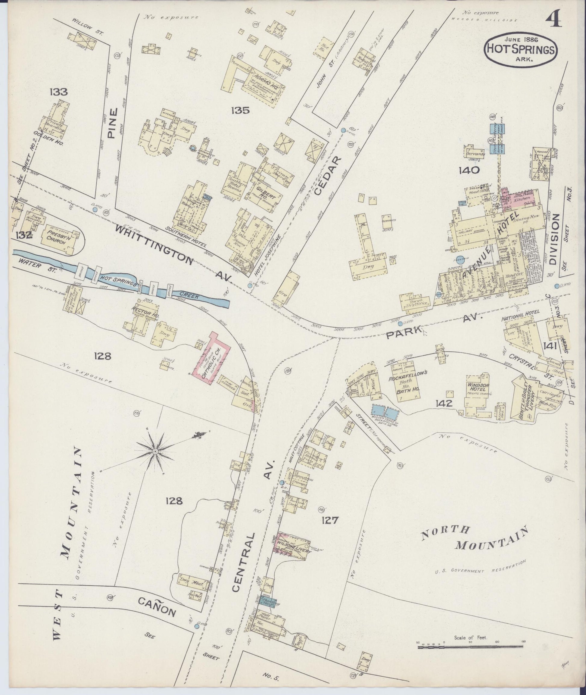 Sanborn Fire Insurance Map from Hot Springs, Garland County, Arkansas (1886), Sheet #0004 - Complete Map Set gallery image, historic Sanborn map, vintage wall art, Arkansas Arkansas
