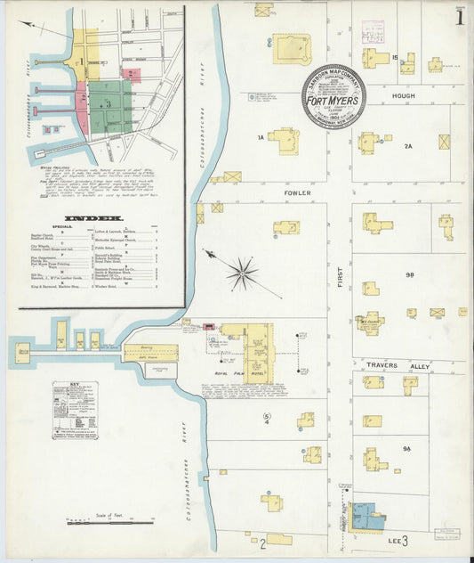 Sanborn Fire Insurance Map from Fort Myers, Lee County, Florida (1908), Sheet #0001 - Historic Sanborn Fire Insurance Map Print, vintage old map wall art, antique decor, genealogy gift, Florida Florida map