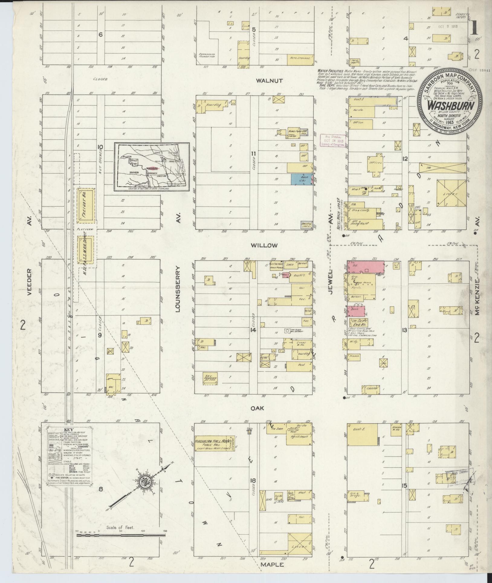 Sanborn Fire Insurance Map from Washburn, Mclean County, North Dakota (1913), Sheet #0001 - Historic Sanborn Fire Insurance Map Print, vintage old map wall art, antique decor, genealogy gift, North Dakota North Dakota map