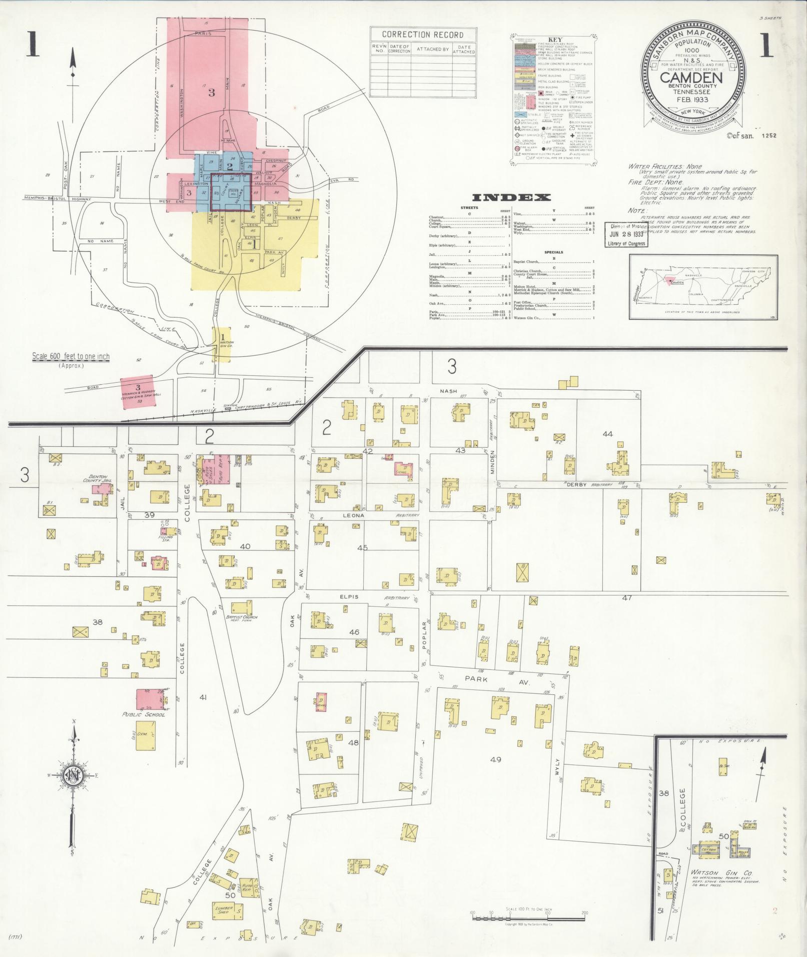 Sanborn Fire Insurance Map from Camden, Benton County, Tennessee. (1933) – Historic Sanborn Fire Insurance Map Print