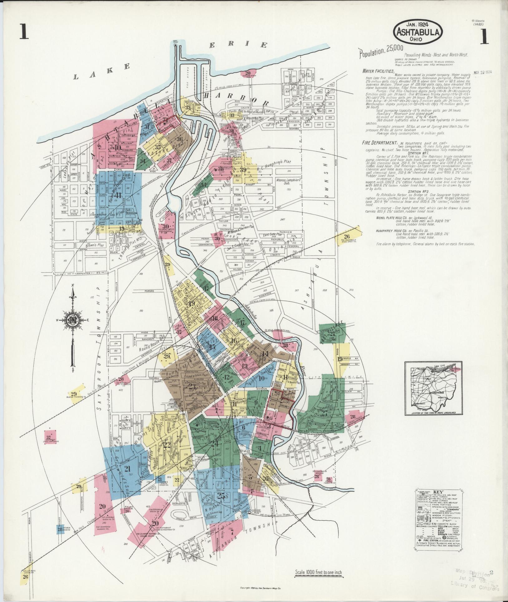 Sanborn Fire Insurance Map from Ashtabula, Ashtabula County, Ohio (1924), Sheet #0001 - Complete Map Set gallery image, historic Sanborn map, vintage wall art, Ohio Ohio
