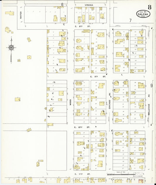 Sanborn Fire Insurance Map from Galena, Cherokee County, Kansas (1911), Sheet #0008 - Historic Sanborn Fire Insurance Map Print, vintage old map wall art, antique decor, genealogy gift, Kansas Kansas map