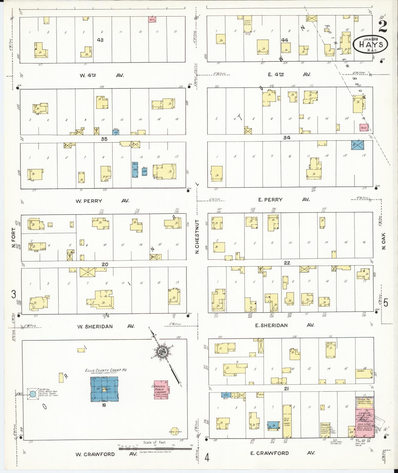Sanborn Fire Insurance Map from Hays, Ellis County, Kansas (1918), Sheet #0002 - Historic Sanborn Fire Insurance Map Print, vintage old map wall art, antique decor, genealogy gift, Kansas Kansas map