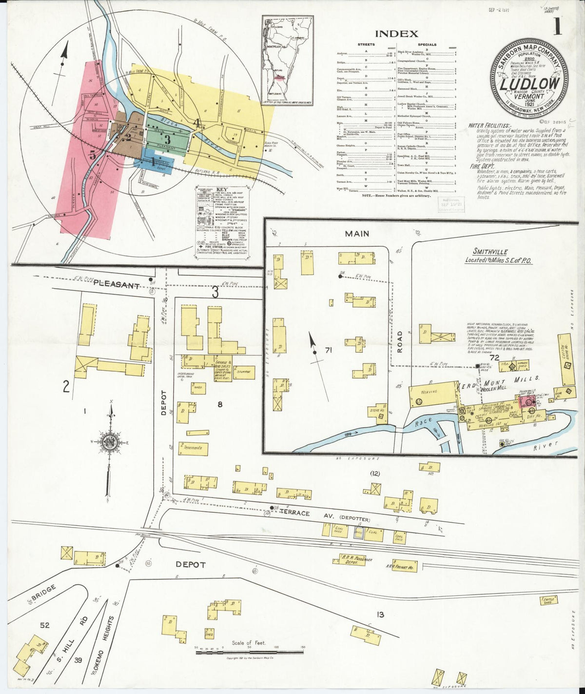 Sanborn Fire Insurance Map from Ludlow, Windsor County, Vermont (1921), Sheet #0001 - Complete Map Set gallery image, historic Sanborn map, vintage wall art, Vermont Vermont