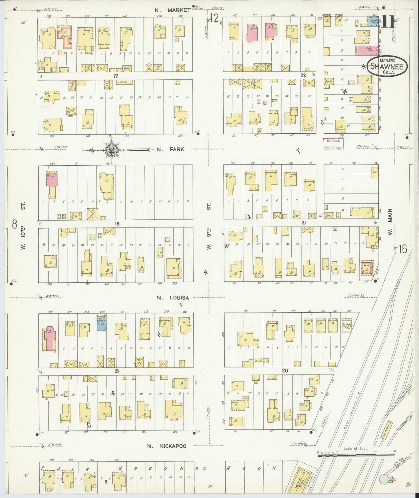 Sanborn Fire Insurance Map from Shawnee, Pottawatomie County, Oklahoma (1912), Sheet #0011 - Complete Map Set gallery image, historic Sanborn map, vintage wall art, Oklahoma Oklahoma