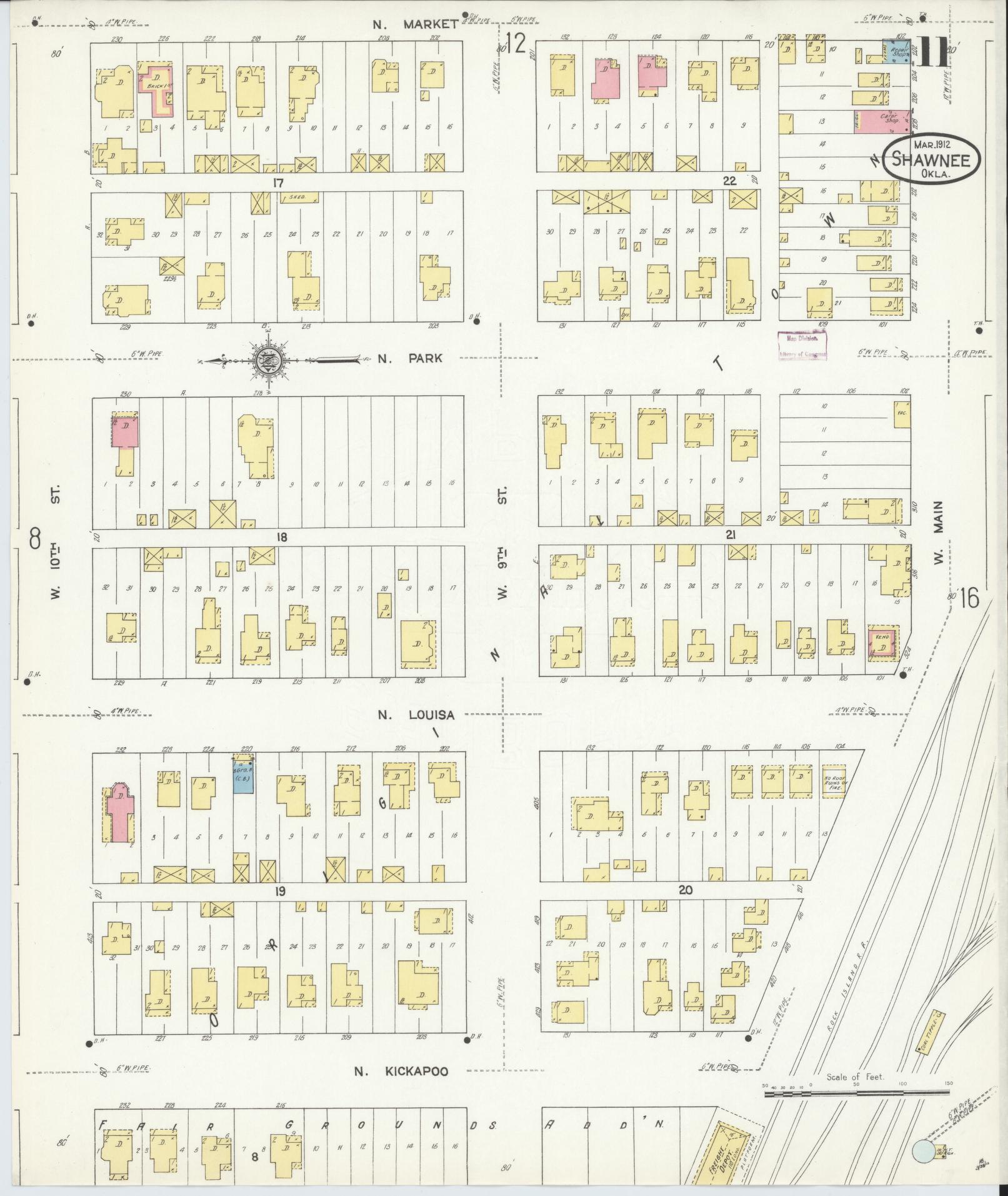 Sanborn Fire Insurance Map from Shawnee, Pottawatomie County, Oklahoma (1912), Sheet #0011 - Complete Map Set gallery image, historic Sanborn map, vintage wall art, Oklahoma Oklahoma