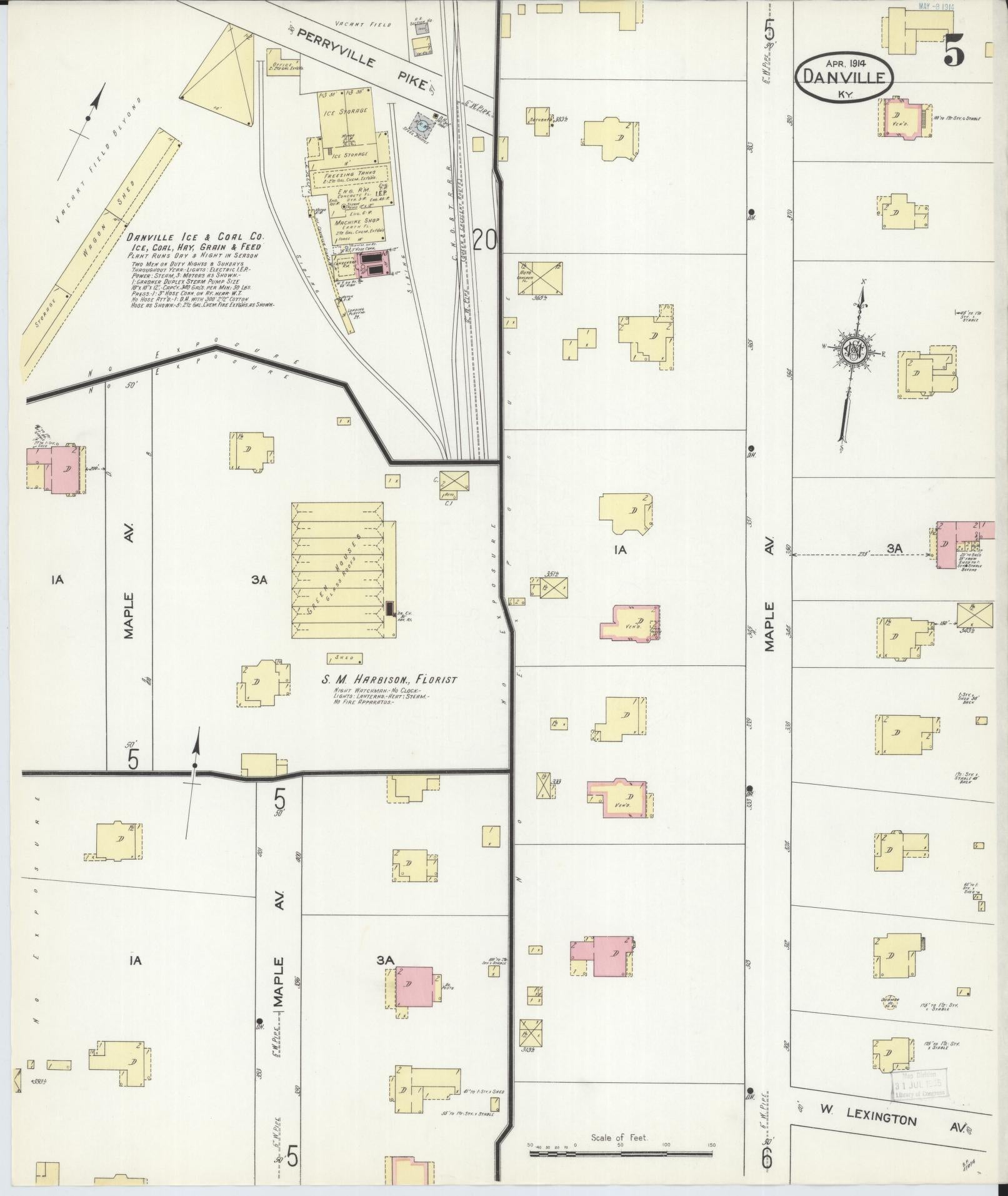 Sanborn Fire Insurance Map from Danville, Boyle County, Kentucky (1914), Sheet #0005 - Historic Sanborn Fire Insurance Map Print, vintage old map wall art, antique decor, genealogy gift, Kentucky Kentucky map