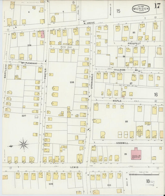 Sanborn Fire Insurance Map from Meriden, New Haven County, Connecticut (1896), Sheet #0017 - Historic Sanborn Fire Insurance Map Print, vintage old map wall art, antique decor, genealogy gift, Connecticut Connecticut map
