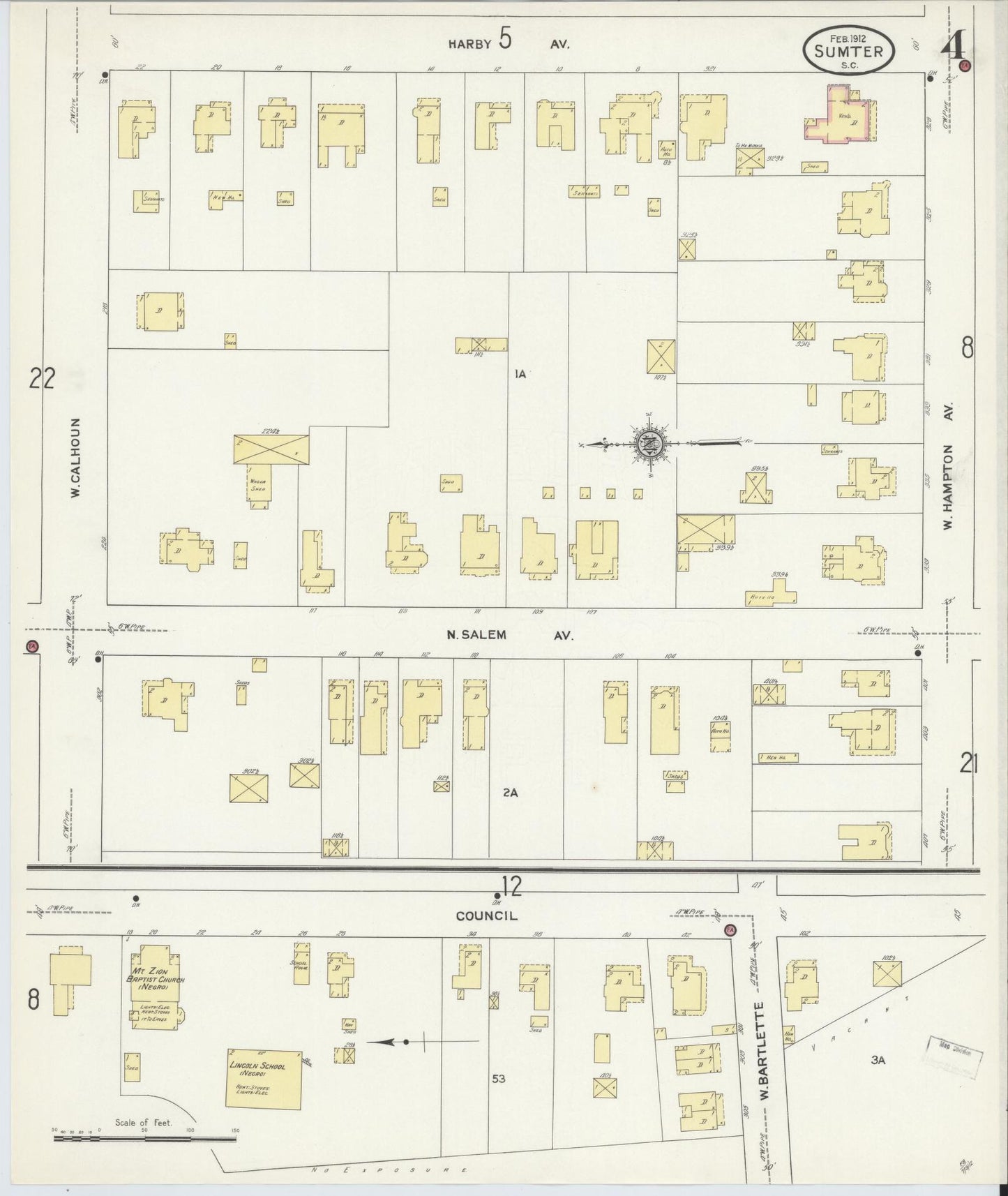 Sanborn Fire Insurance Map from Sumter, Sumter County, South Carolina (1912), Sheet #0004 - Historic Sanborn Fire Insurance Map Print, vintage old map wall art, antique decor, genealogy gift, South Carolina South Carolina map