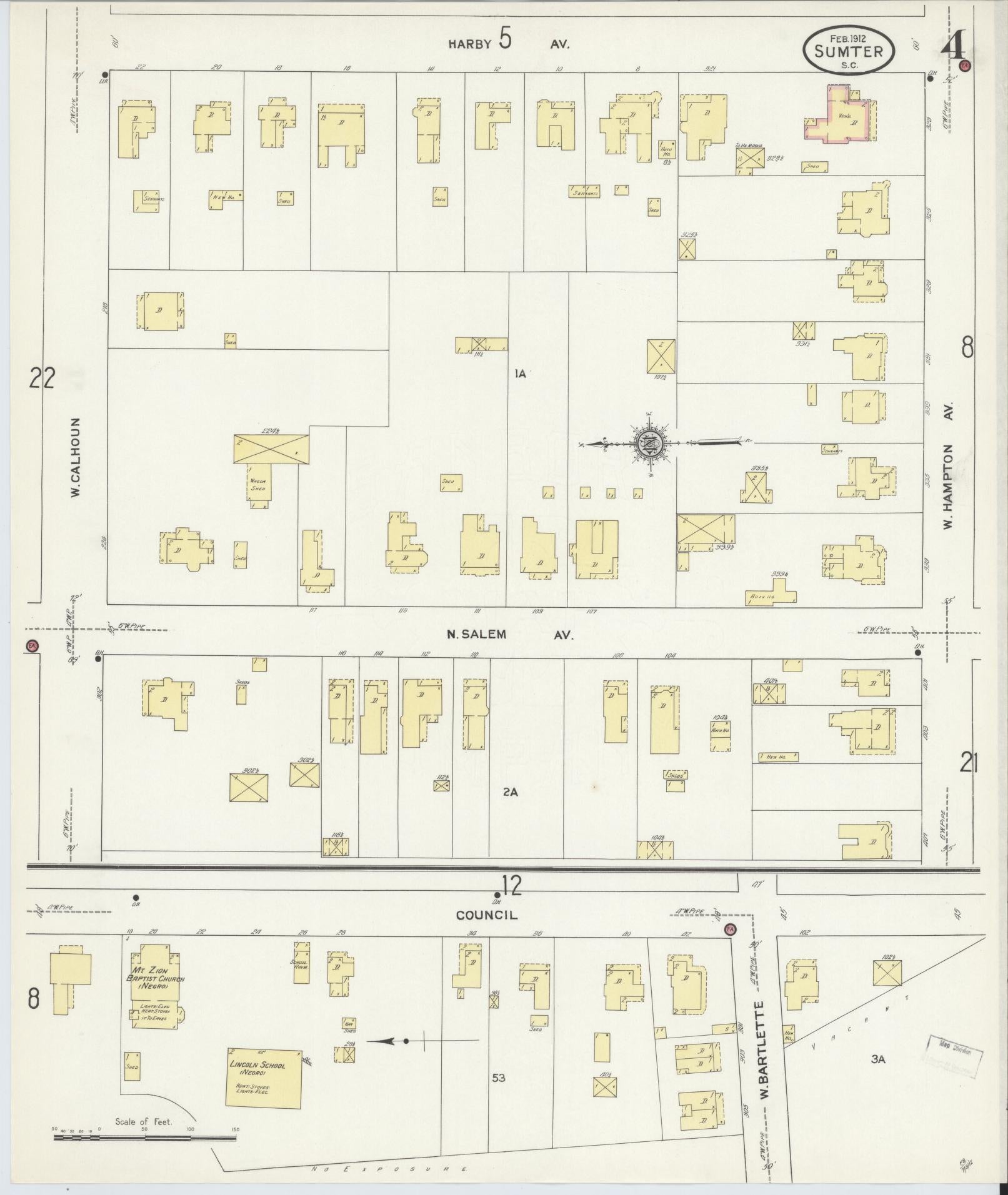 Sanborn Fire Insurance Map from Sumter, Sumter County, South Carolina (1912), Sheet #0004 - Historic Sanborn Fire Insurance Map Print, vintage old map wall art, antique decor, genealogy gift, South Carolina South Carolina map