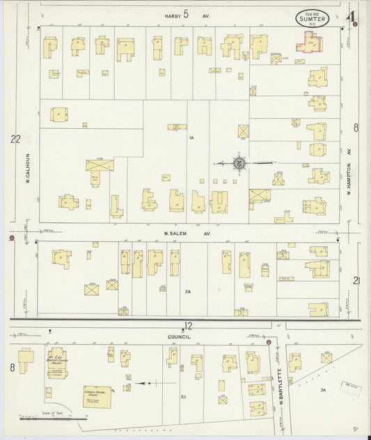 Sanborn Fire Insurance Map from Sumter, Sumter County, South Carolina (1912), Sheet #0004 - Historic Sanborn Fire Insurance Map Print, vintage old map wall art, antique decor, genealogy gift, South Carolina South Carolina map
