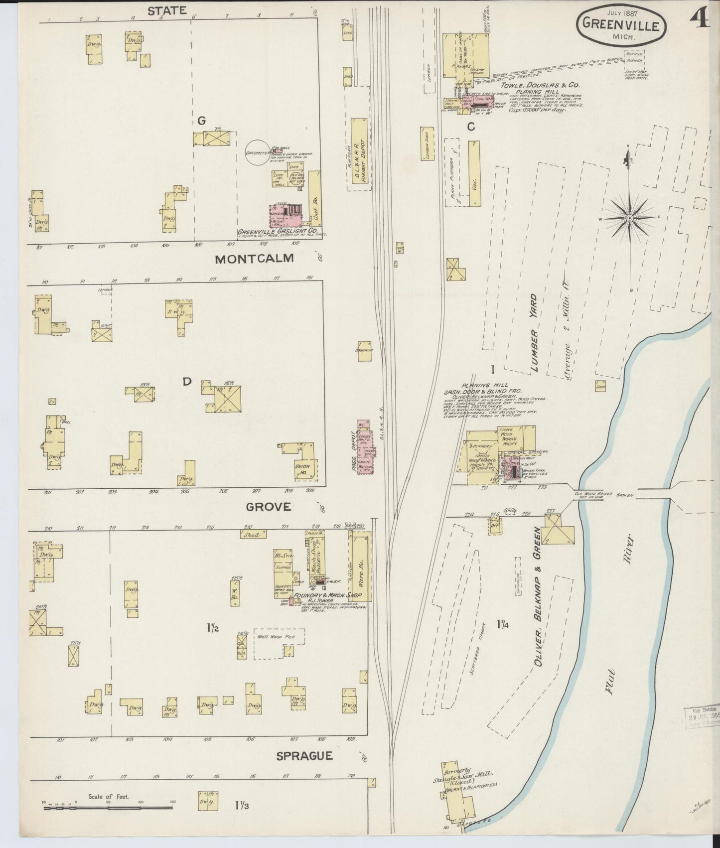 Sanborn Fire Insurance Map from Greenville, Montcalm County, Michigan (1887), Sheet #0004 - Complete Map Set gallery image, historic Sanborn map, vintage wall art, Michigan Michigan